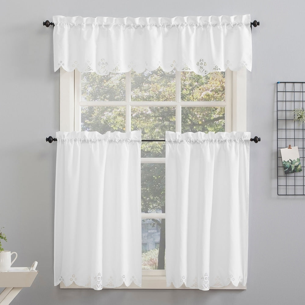 No. 918 Mariela Floral Trim Semi-Sheer Rod Pocket Kitchen Curtain Valance and Tiers Set