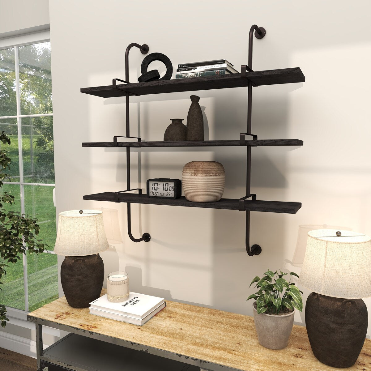 Wood 2 or 3 Level Wall Shelf with Black Metal Brackets - Brown or Gray - Roche River Decor
