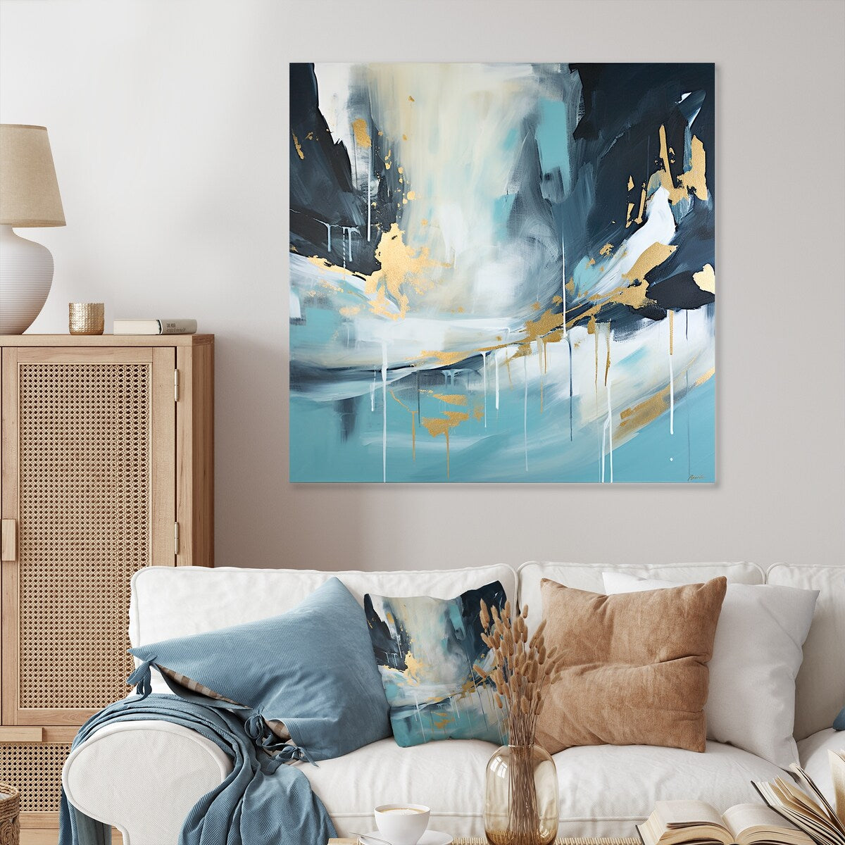 Designart Gold And Blue Abstract Expression II Abstract Metal Wall Art - Blue Metal Wall Décor Modern Metal Art Work