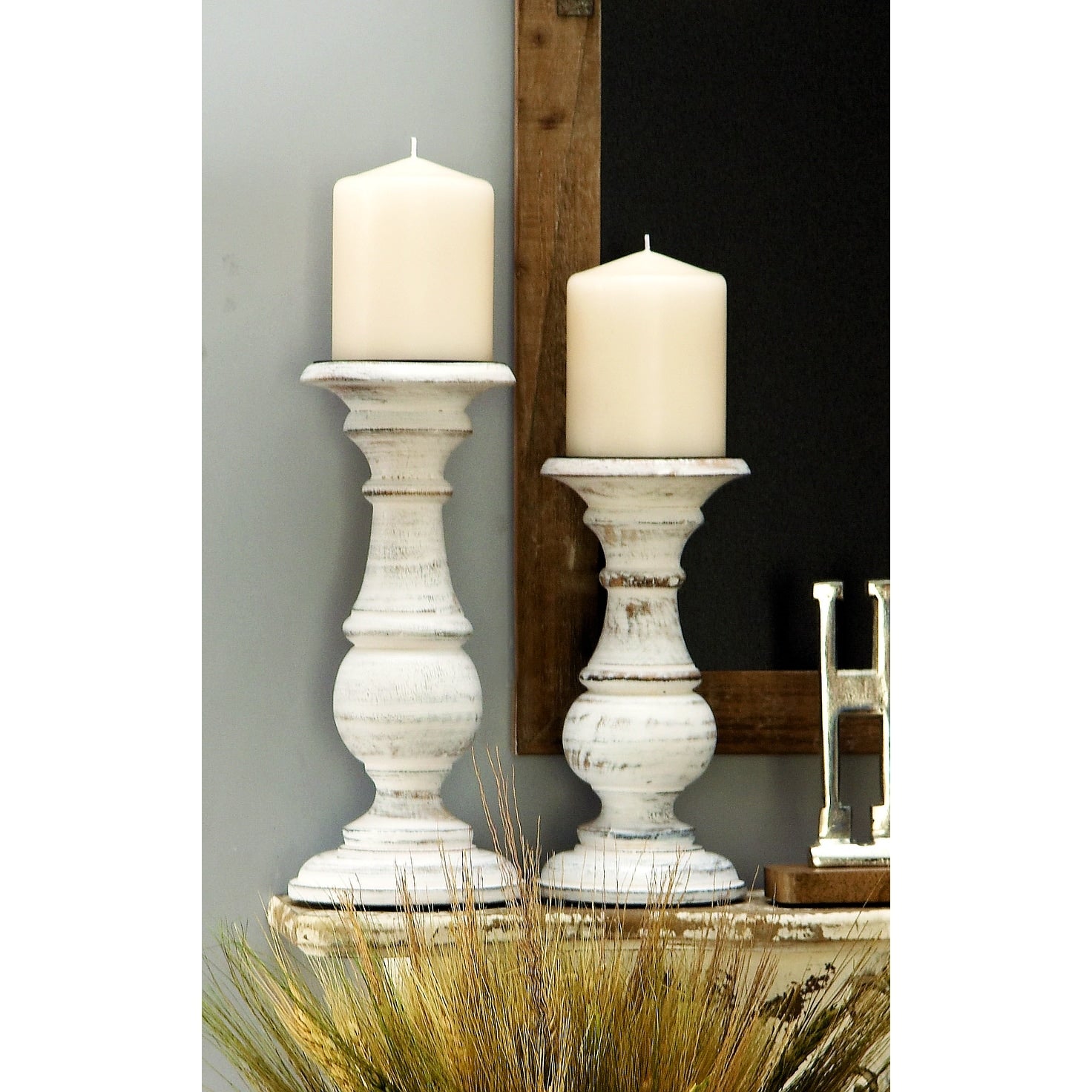 Mango Wood Turned Style Pillar Candle Holder (Set of 3) - White, Brown, Gold, Black, Light Blue, Cream, Silver