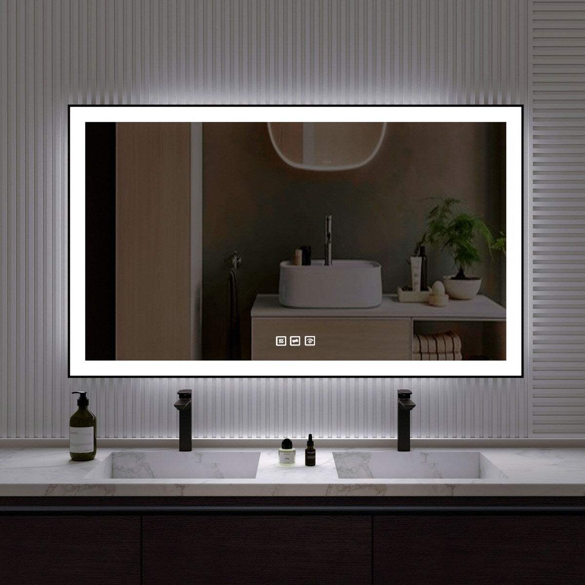 Organnice Rectangular Framed LED Anti-Fog Bathroom Wall Mirror in Black with Backlit and Front Light