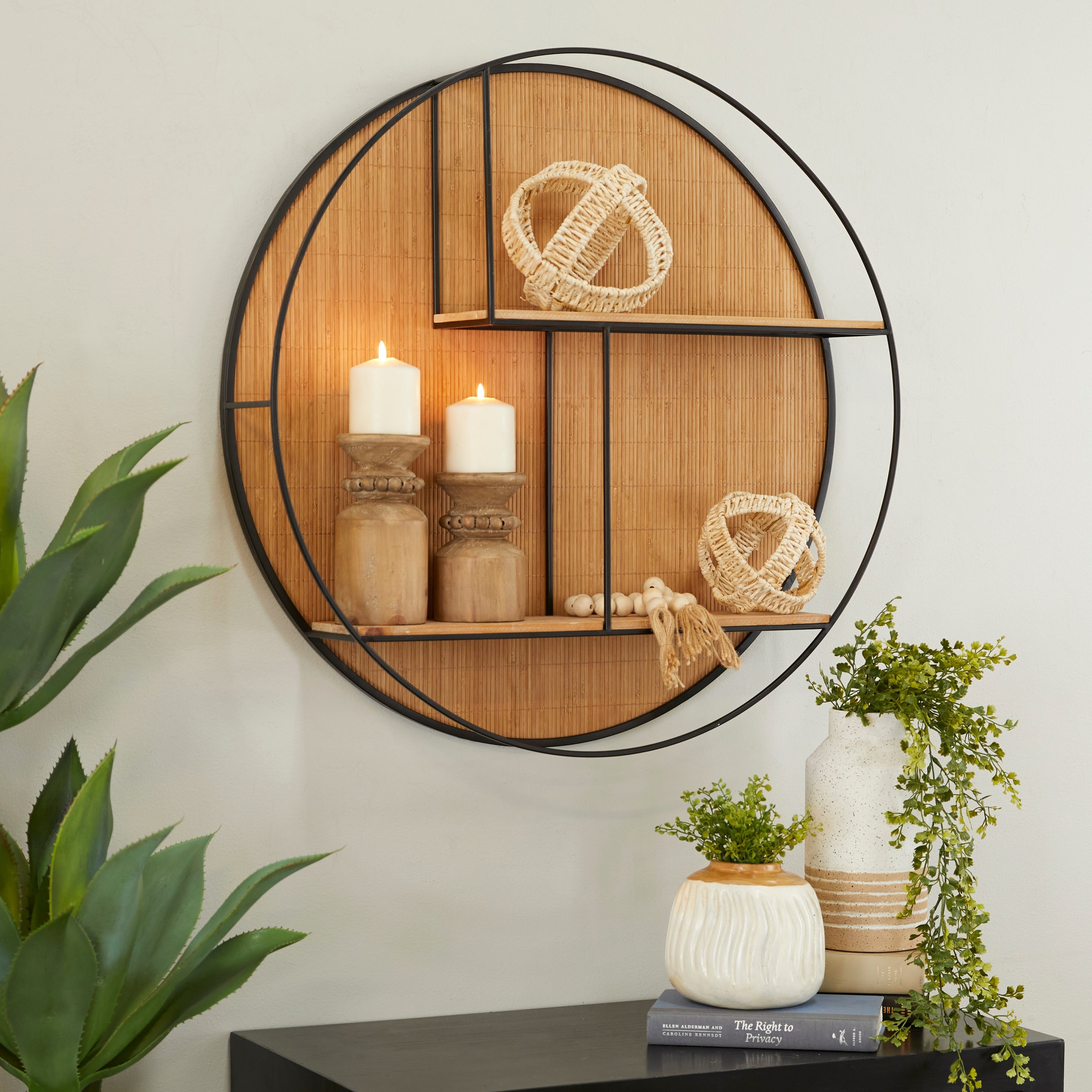 Brown Bamboo 2 Shelves Geometric Wall Shelf - 30W, 30H