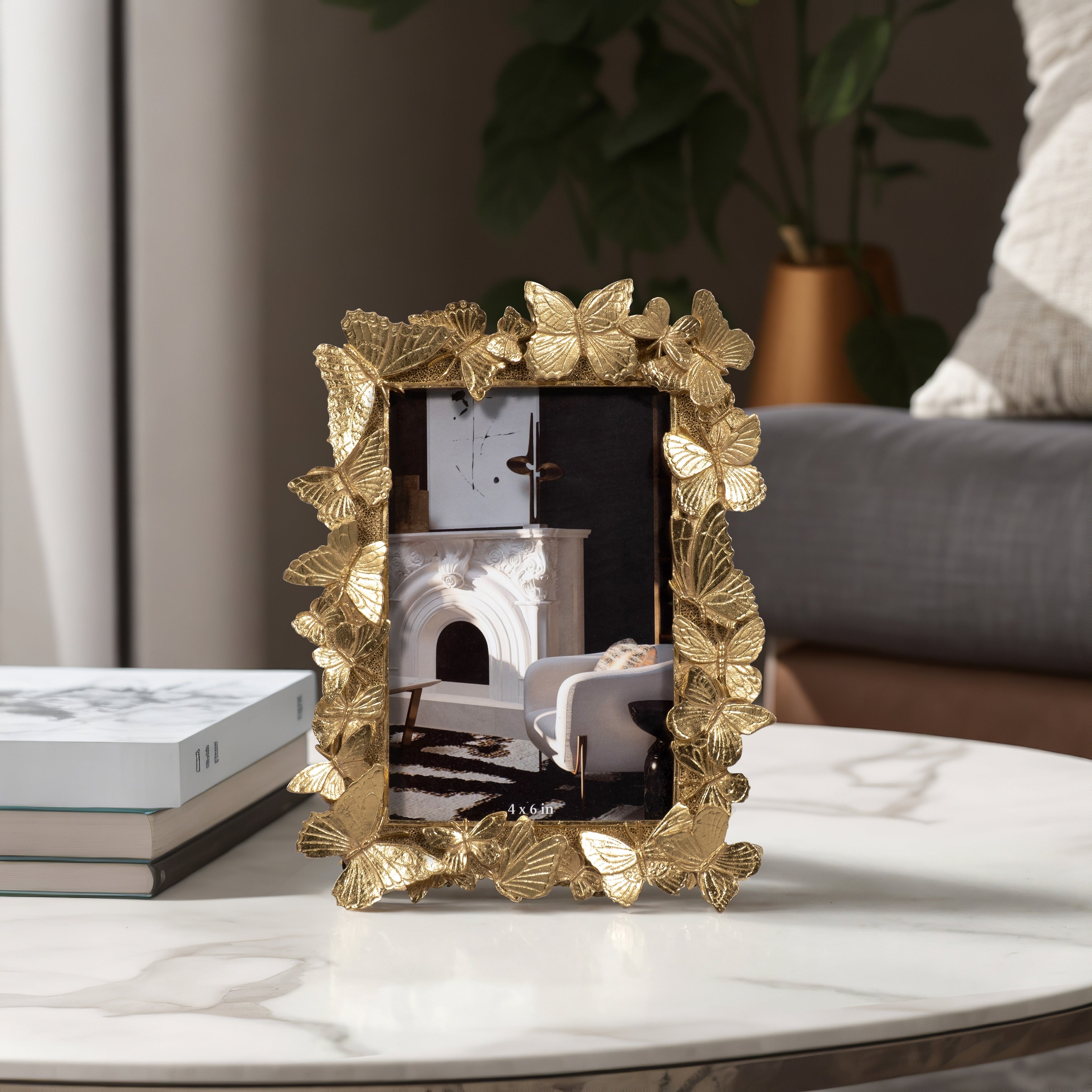 Sagebrook Home 4x6 Gold Polyresin and Glass Photo Frame with Enchanting Butterflies Decor