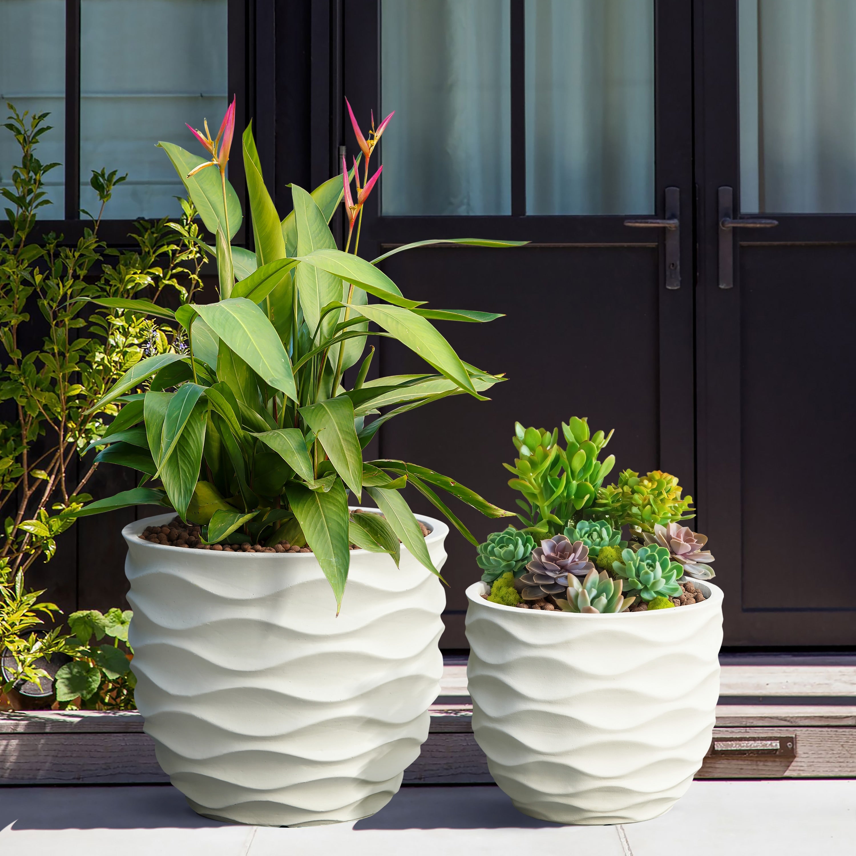 Kayu 2-piece Wavy Design White MgO Planters by Havenside Home