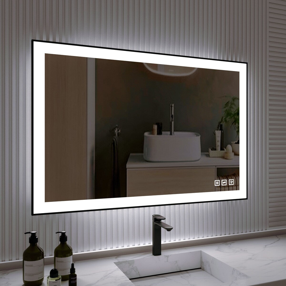 Organnice Rectangular Framed LED Anti-Fog Bathroom Wall Mirror in Black with Backlit and Front Light