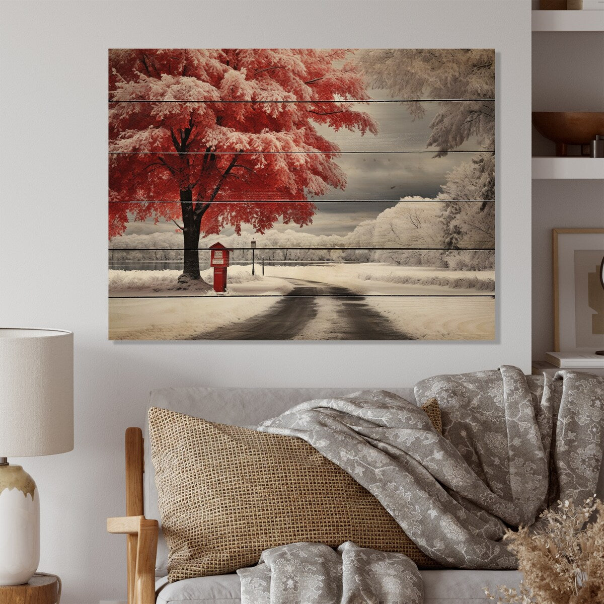 Designart Red and White Winter Silent Symphony I Floral Print on Natural Pine Wood