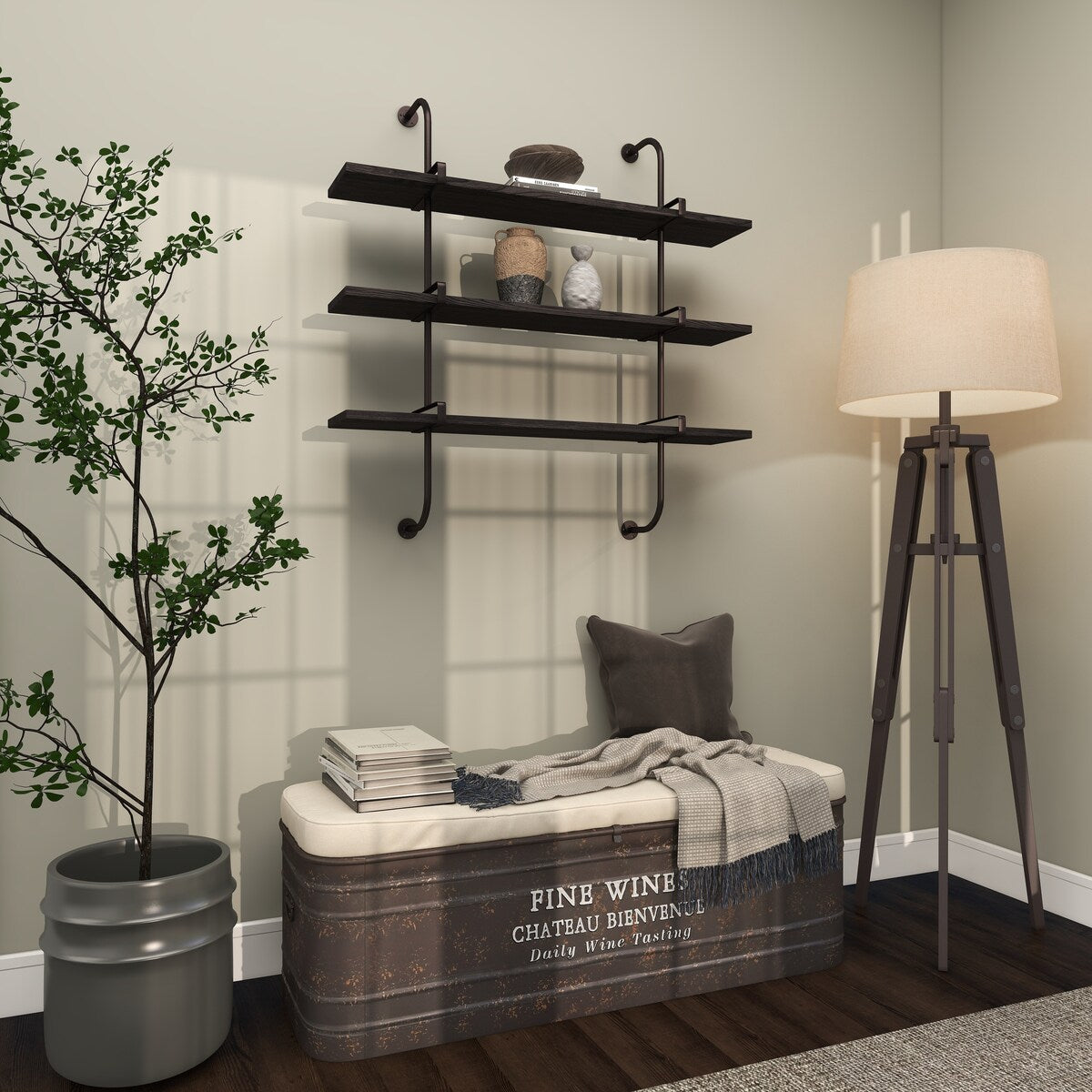 Wood 2 or 3 Level Wall Shelf with Black Metal Brackets - Brown or Gray - Roche River Decor