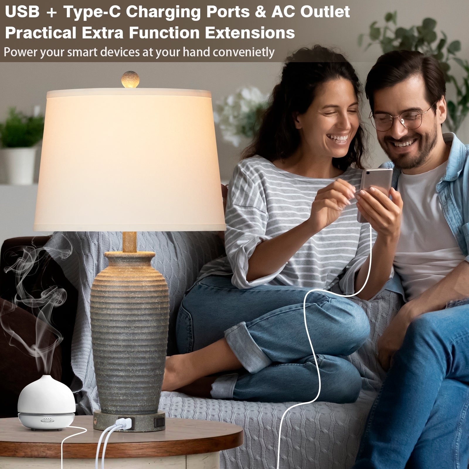 Table Lamp Gray-white Resin Touch Dimming Switch USB and Type C Charging Ports No Strobe (Set of 2)