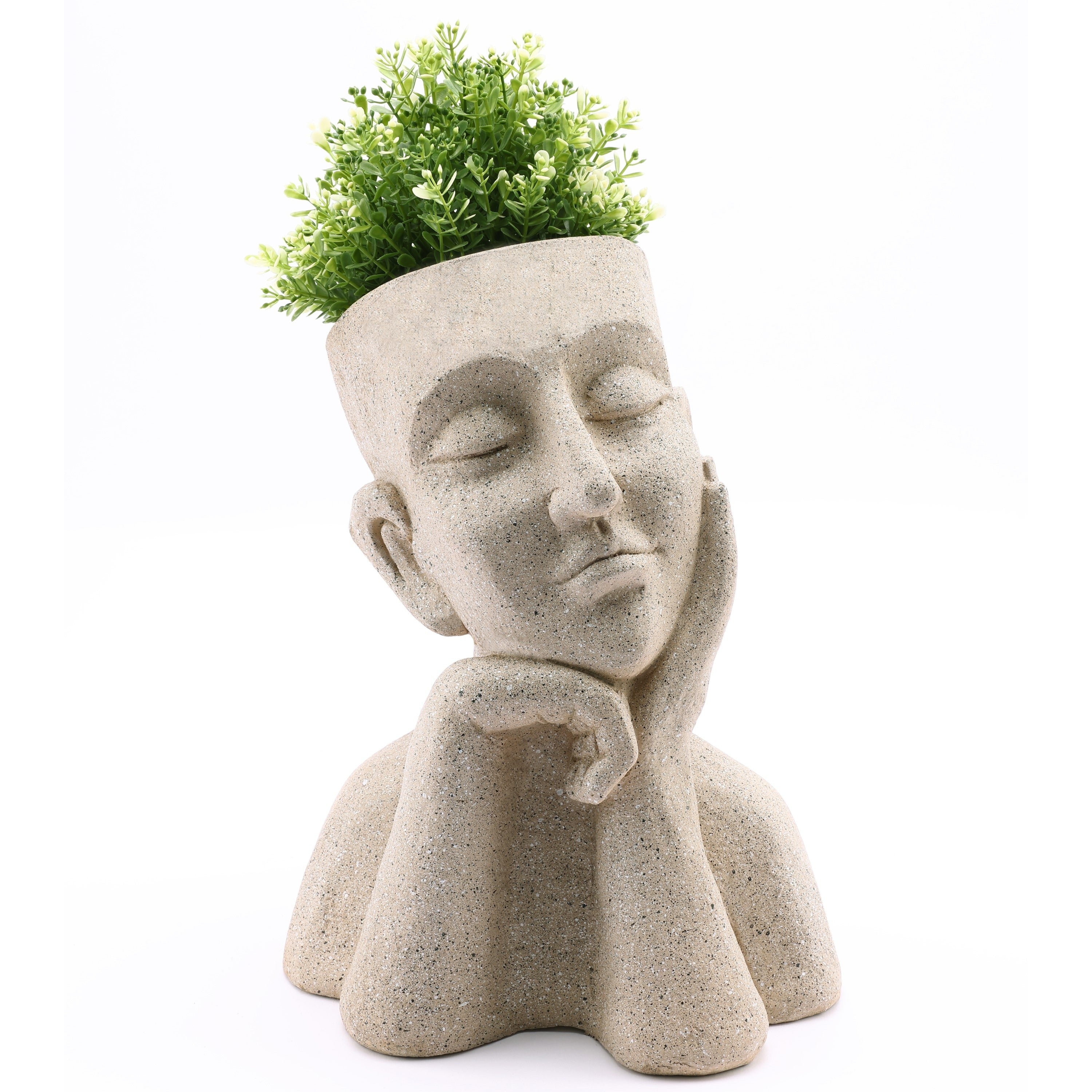 Speckled Beige Thoughtful Bust Head MgO Indoor/ Outdoor Statue Planter