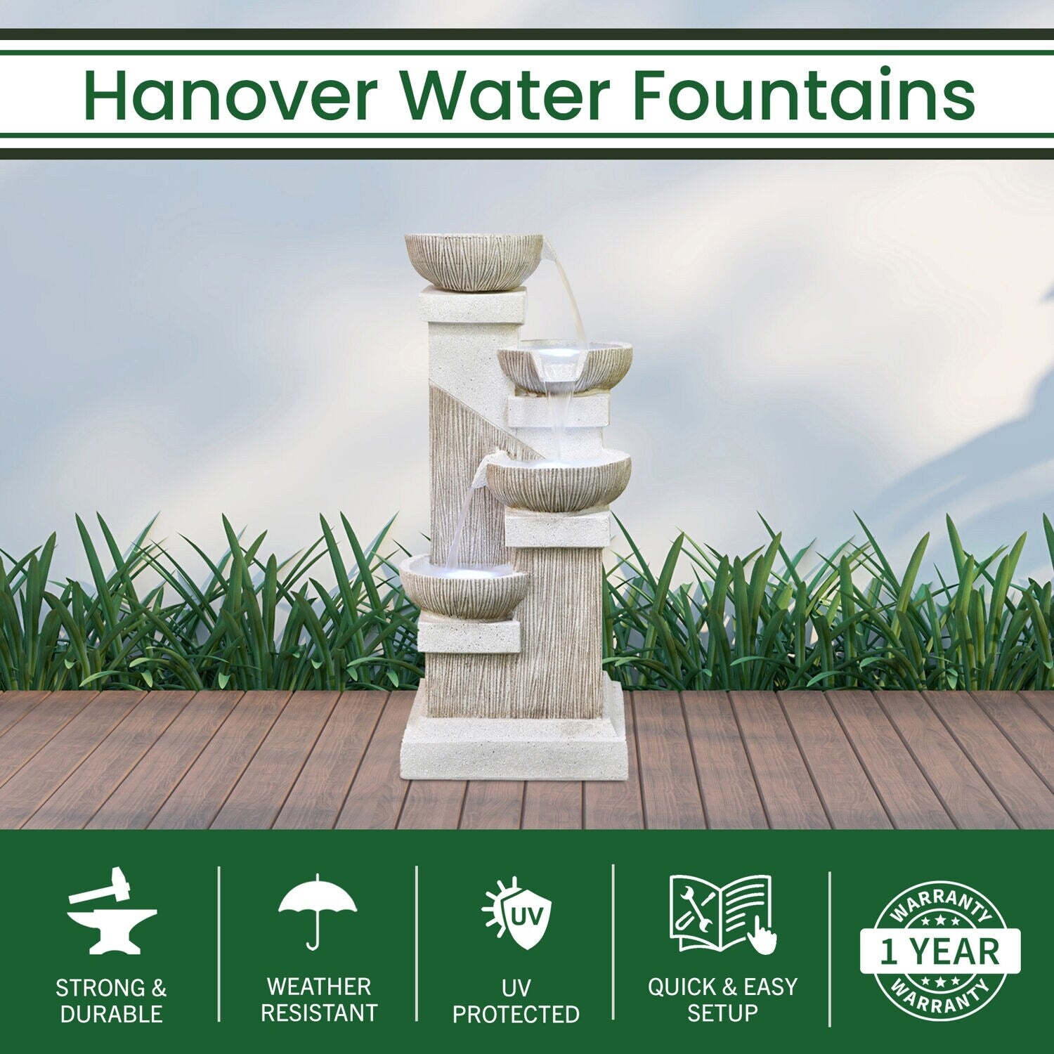 Hanover 35-In. Contemporary Square-Base Indoor or Outdoor Garden Fountain with LED Lights for Patio, Deck, Porch