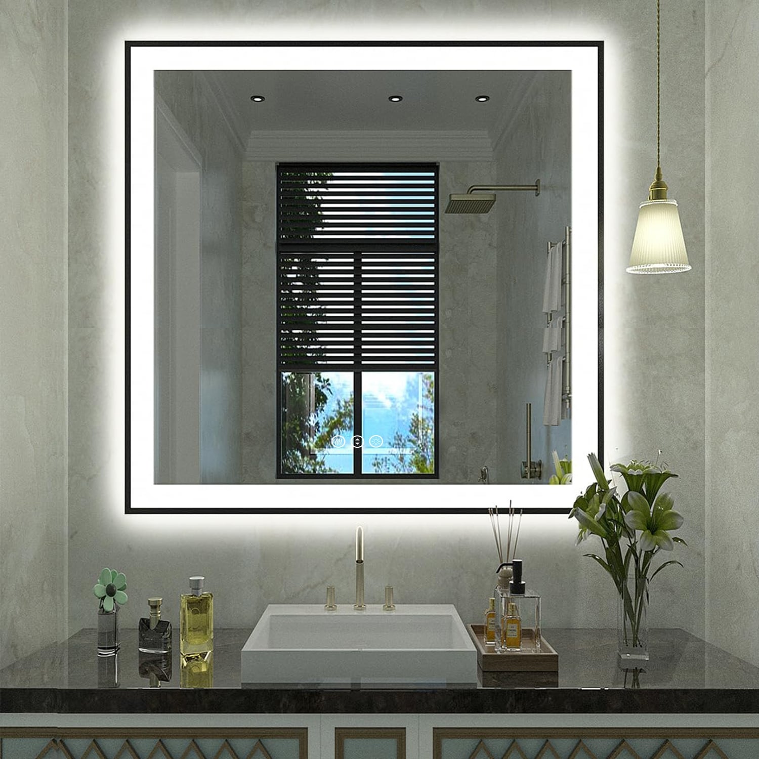 Apmir Metal Black Frame Back & Front LED Lighted Bathroom Vanity Mirror with Anti-Fog Tempered Glass