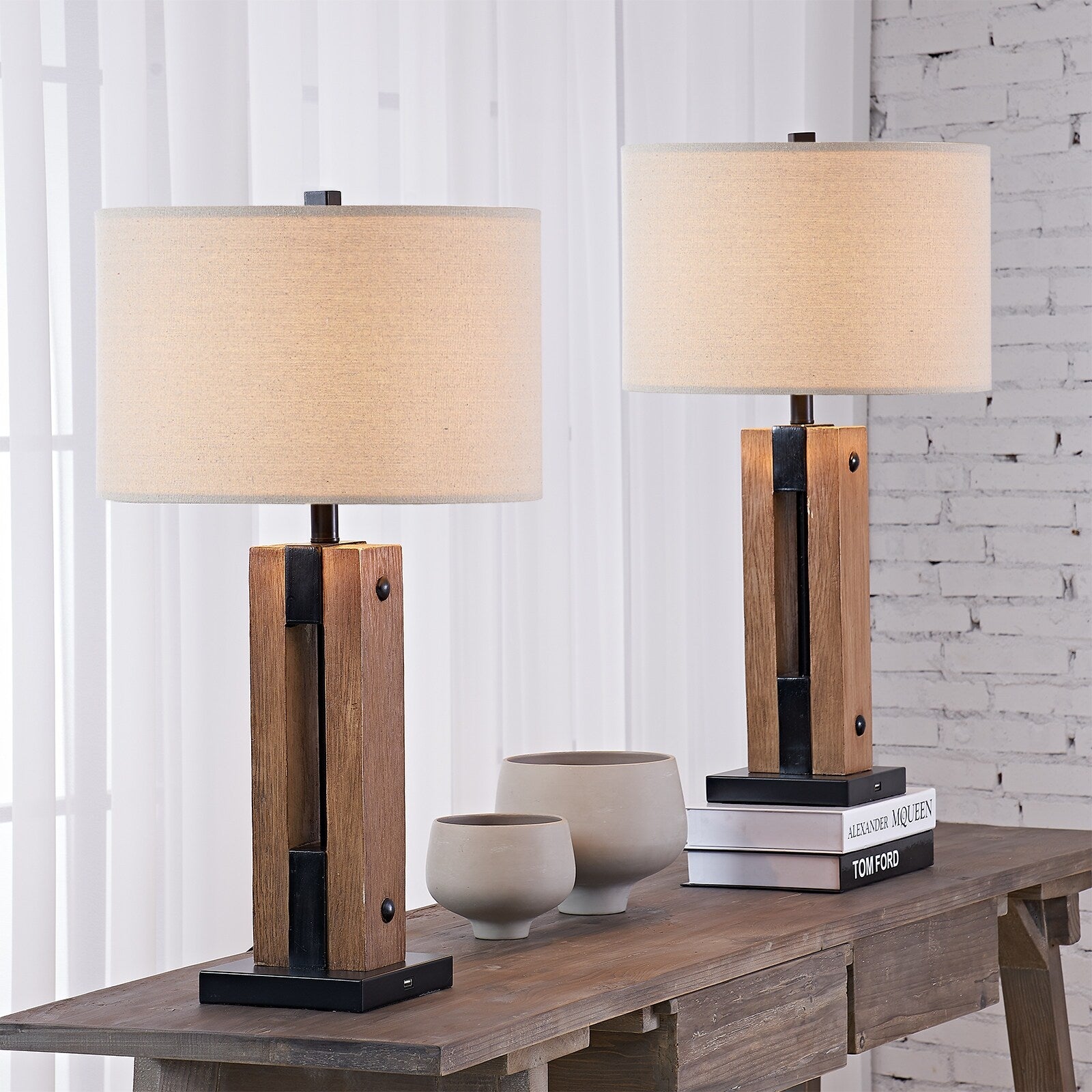 28 Brown/Black Table Lamp Set with USB (Set of 2)