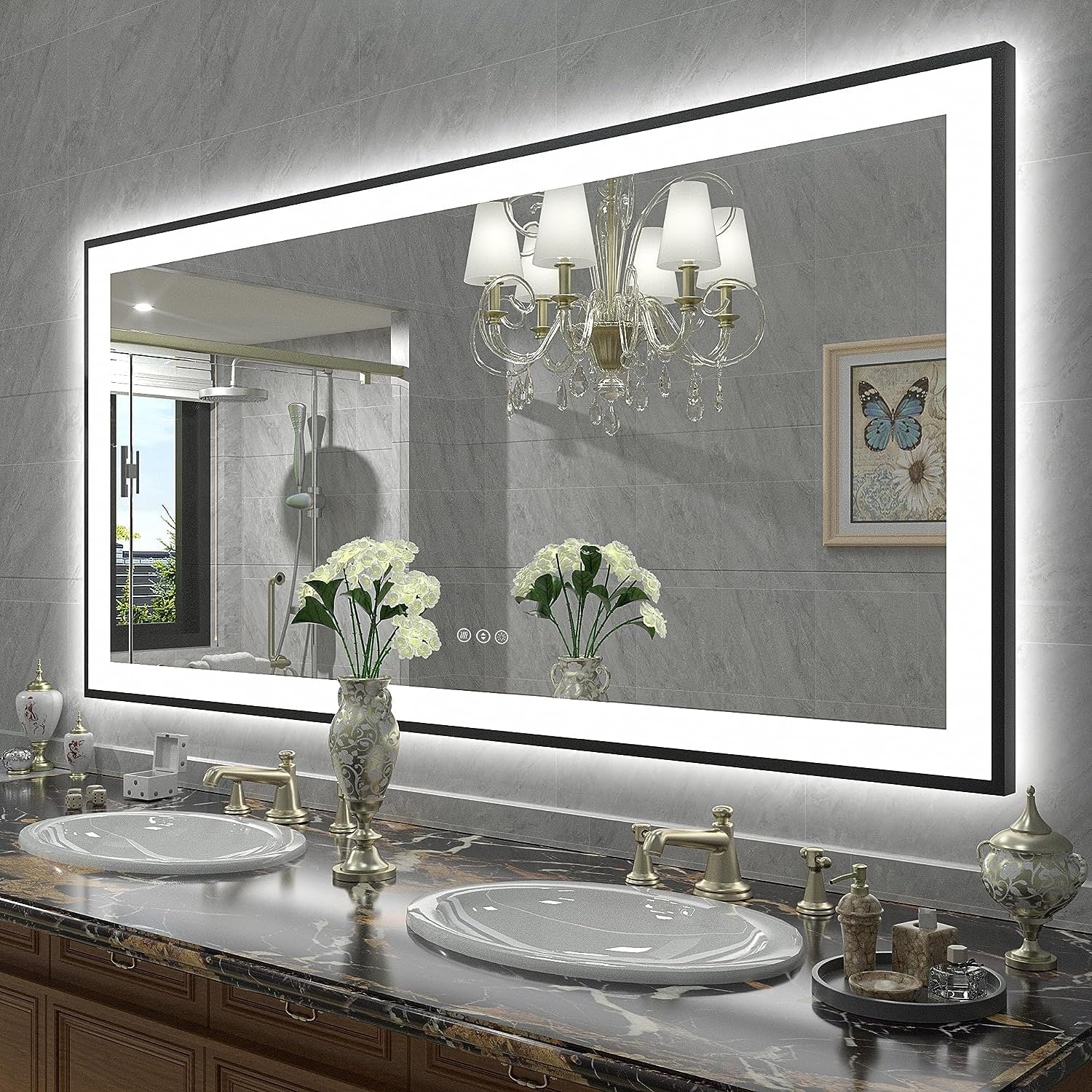 Apmir Metal Black Frame Back & Front LED Lighted Bathroom Vanity Mirror with Anti-Fog Tempered Glass