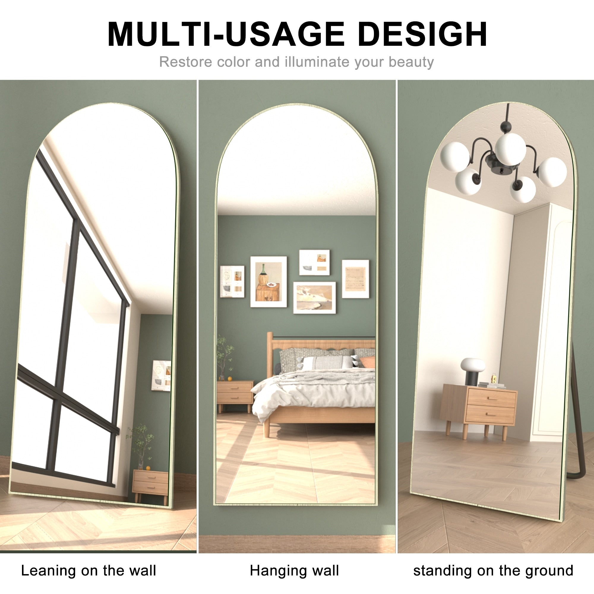 Modern Arched Full-Length Wood Floor Standing Mirror