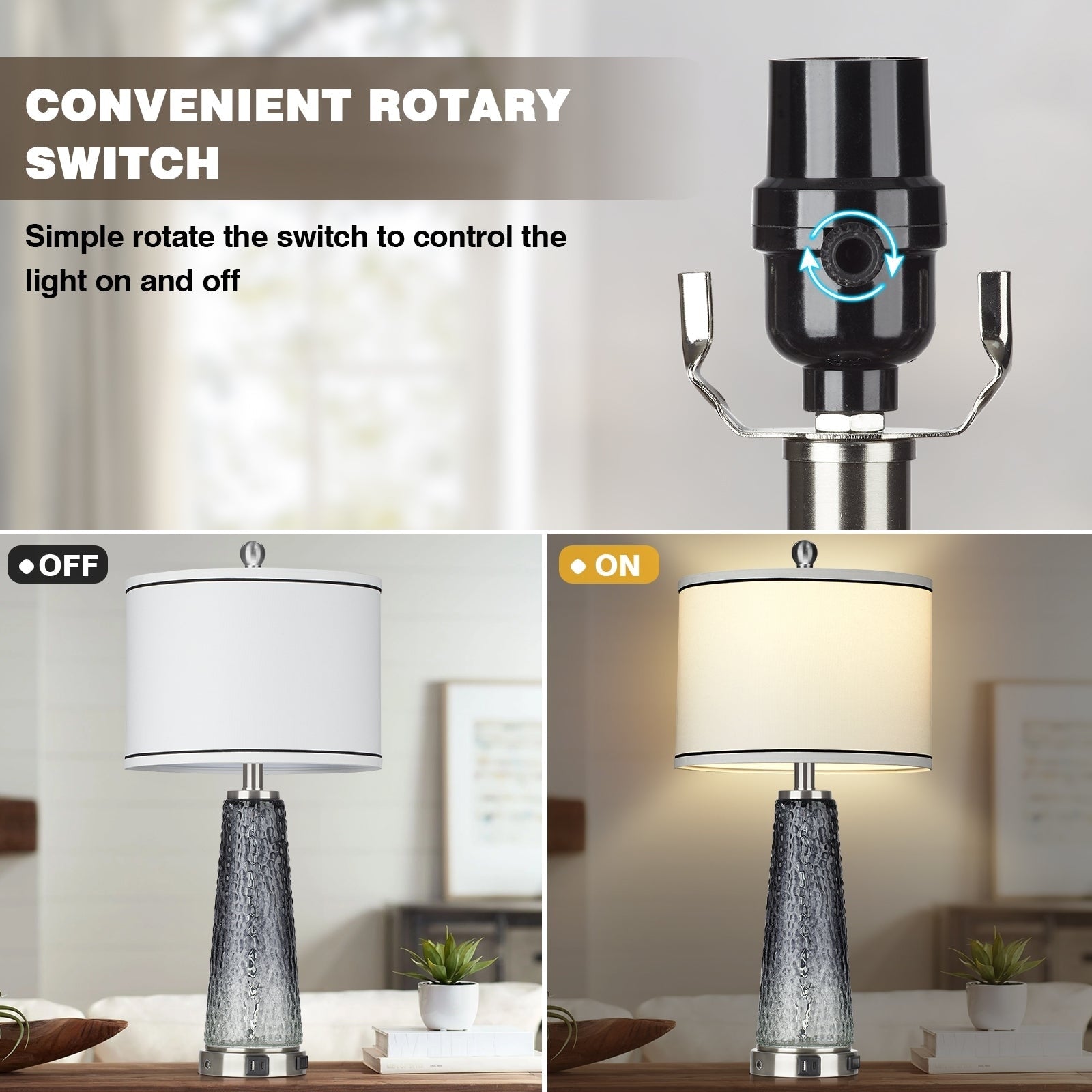 Table Lamps Nightlight 2in1 Glass Gray Charging Ports 2-Way Touch Switch (Set of 2) - 12'' x 12'' x 26'' (L x W x H)