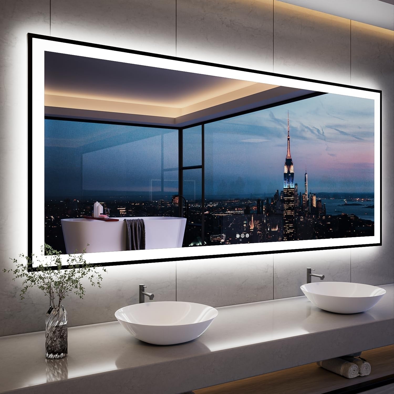 Apmir Metal Black Frame Back & Front LED Lighted Bathroom Vanity Mirror with Anti-Fog Tempered Glass