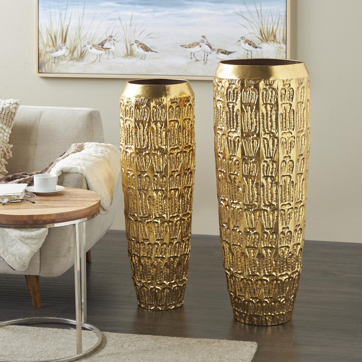 Metal Tall Decorative Vase with Grooved Patterns - Set of 2 Gold - Roche River Decor