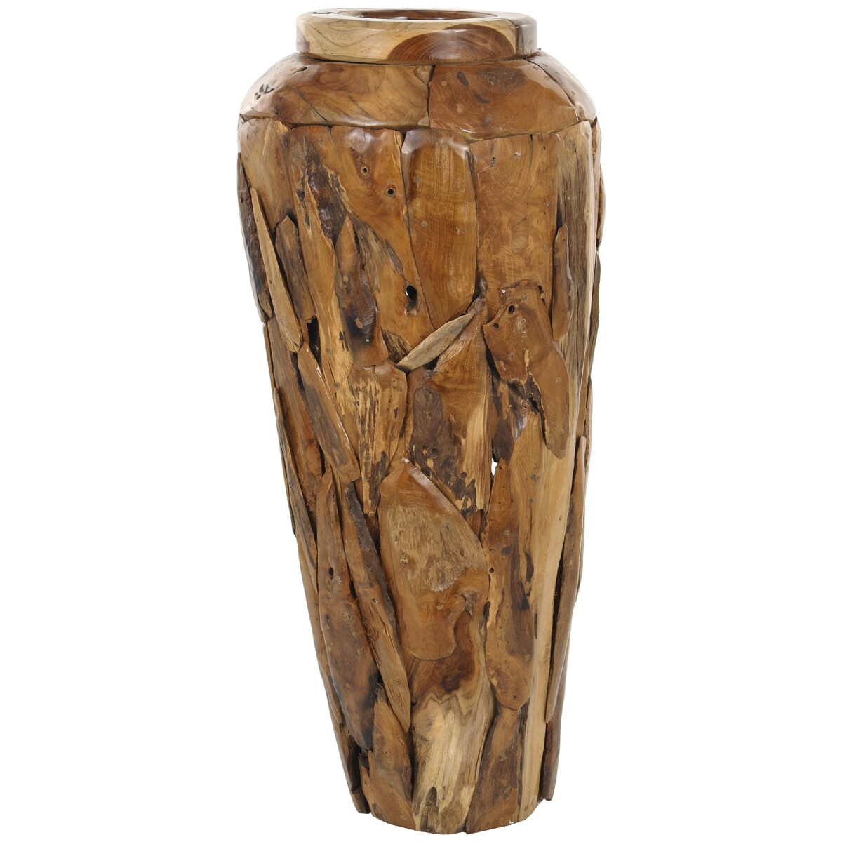 Teak Wood Handmade Floor Decorative Vase with Mosaic Live Edge Pieces - Brown - Roche River Decor