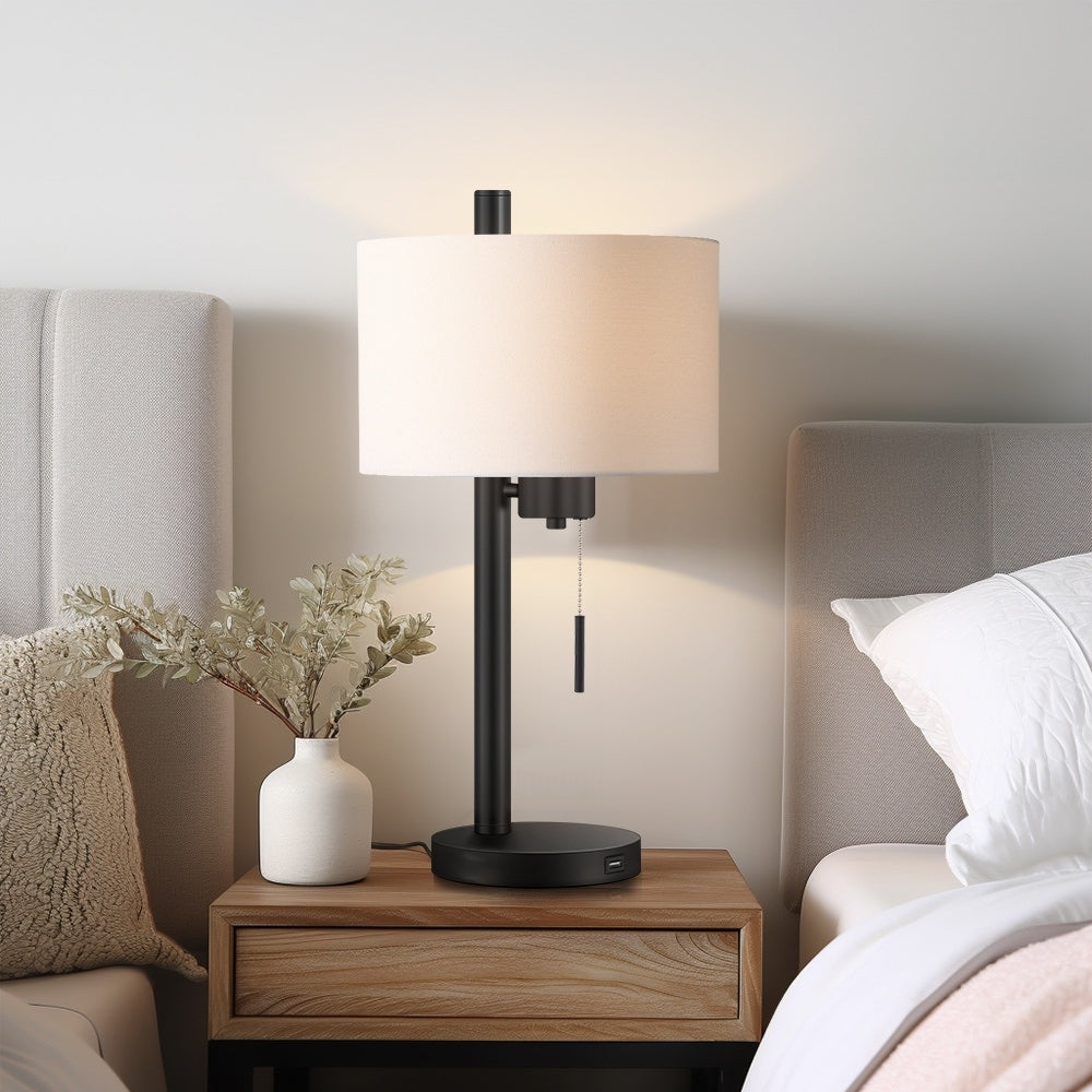 23-in Black Modern Table Lamp with USB Port and White Linen Shade - 23H