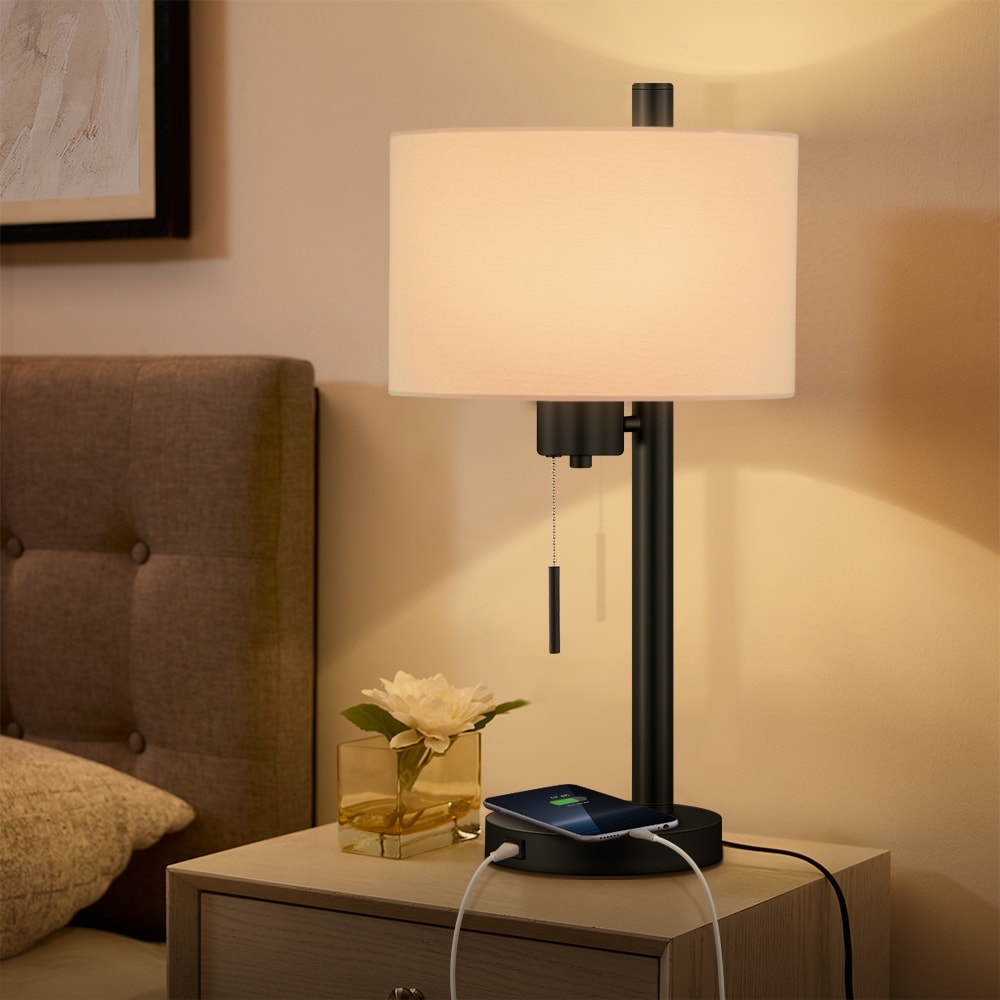 23-in Black Modern Table Lamp with USB Port and White Linen Shade - 23H