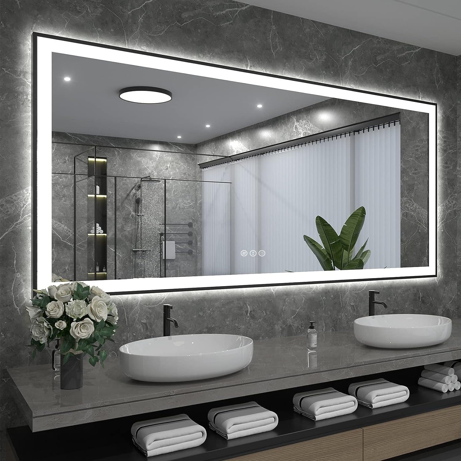 Apmir Metal Black Frame Back & Front LED Lighted Bathroom Vanity Mirror with Anti-Fog Tempered Glass