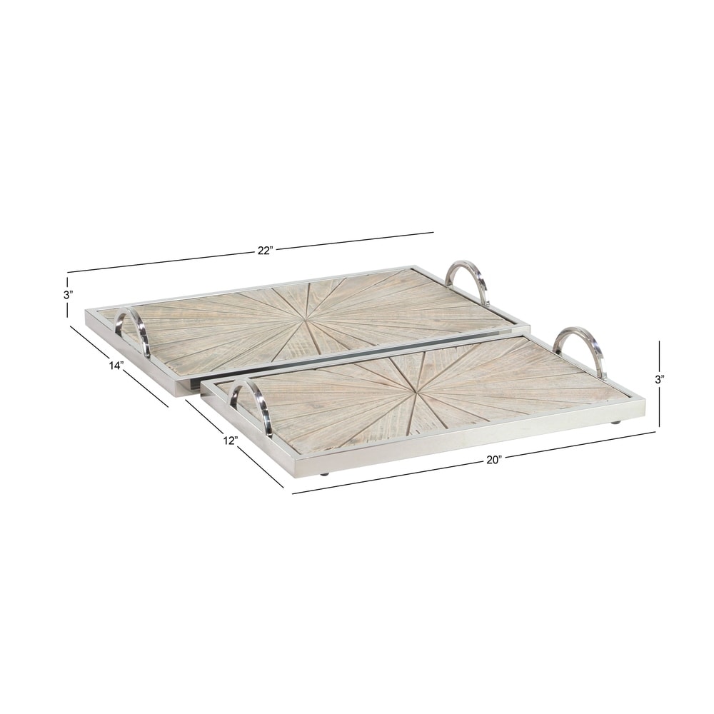 Set of 2 Contemporary Pine Wood and Stainless Steel Burst Trays