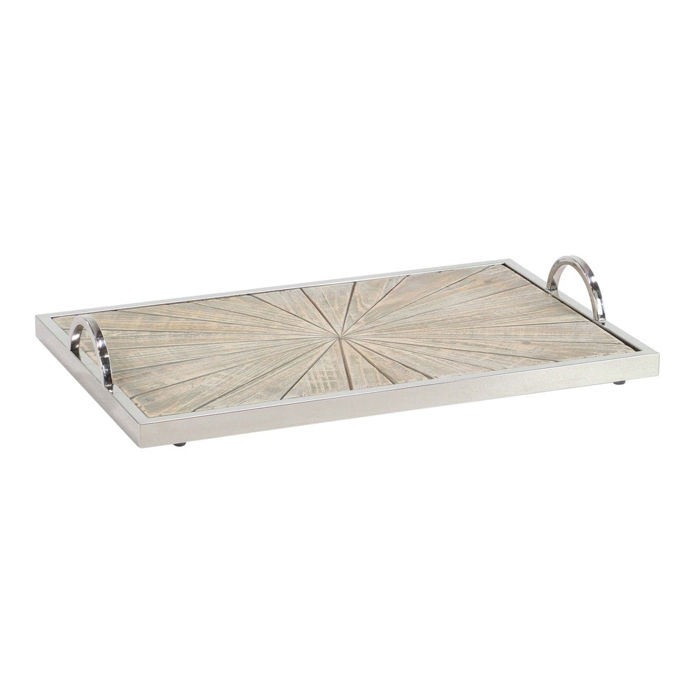 Set of 2 Contemporary Pine Wood and Stainless Steel Burst Trays