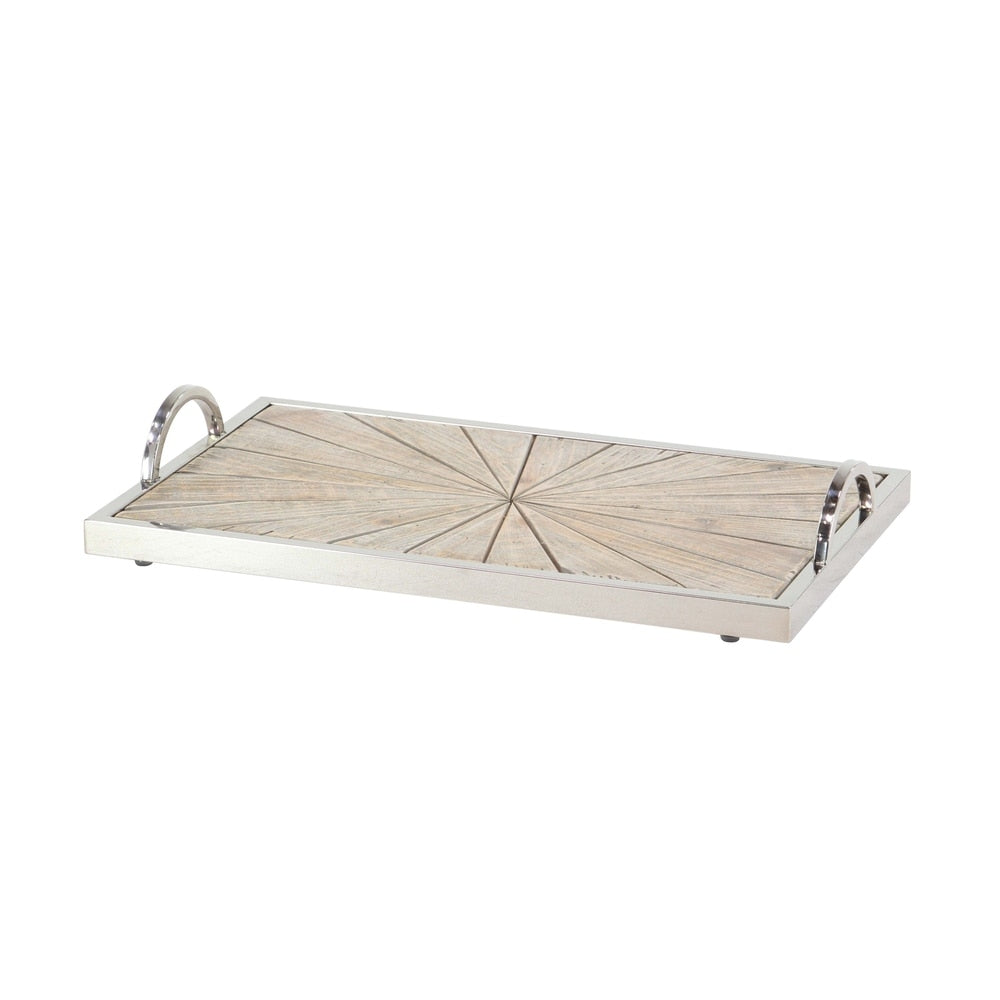 Set of 2 Contemporary Pine Wood and Stainless Steel Burst Trays