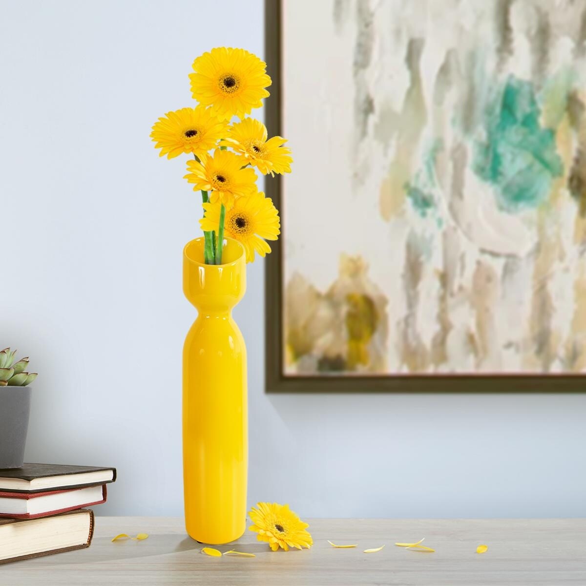 Allan Andrews Contemporary Glossy Yellow Slanted Top Ceramic Vase