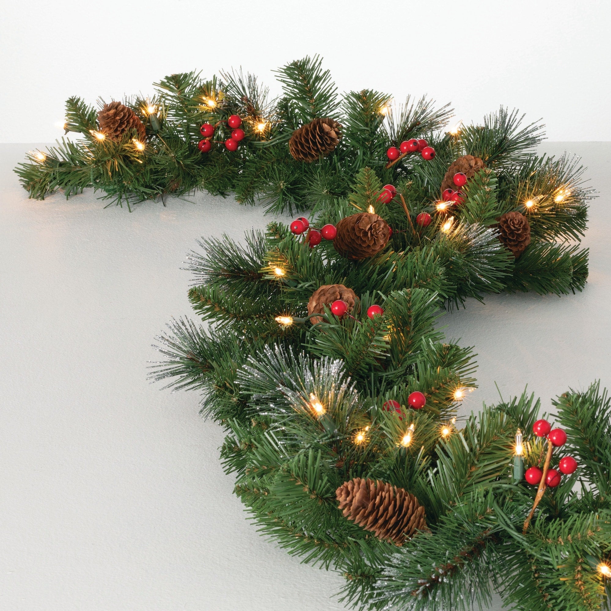 Sullivans Artificial 9' LED Mixed Pine Christmas Garland with Pinecones & Berries, Green, Indoor Christmas Decor