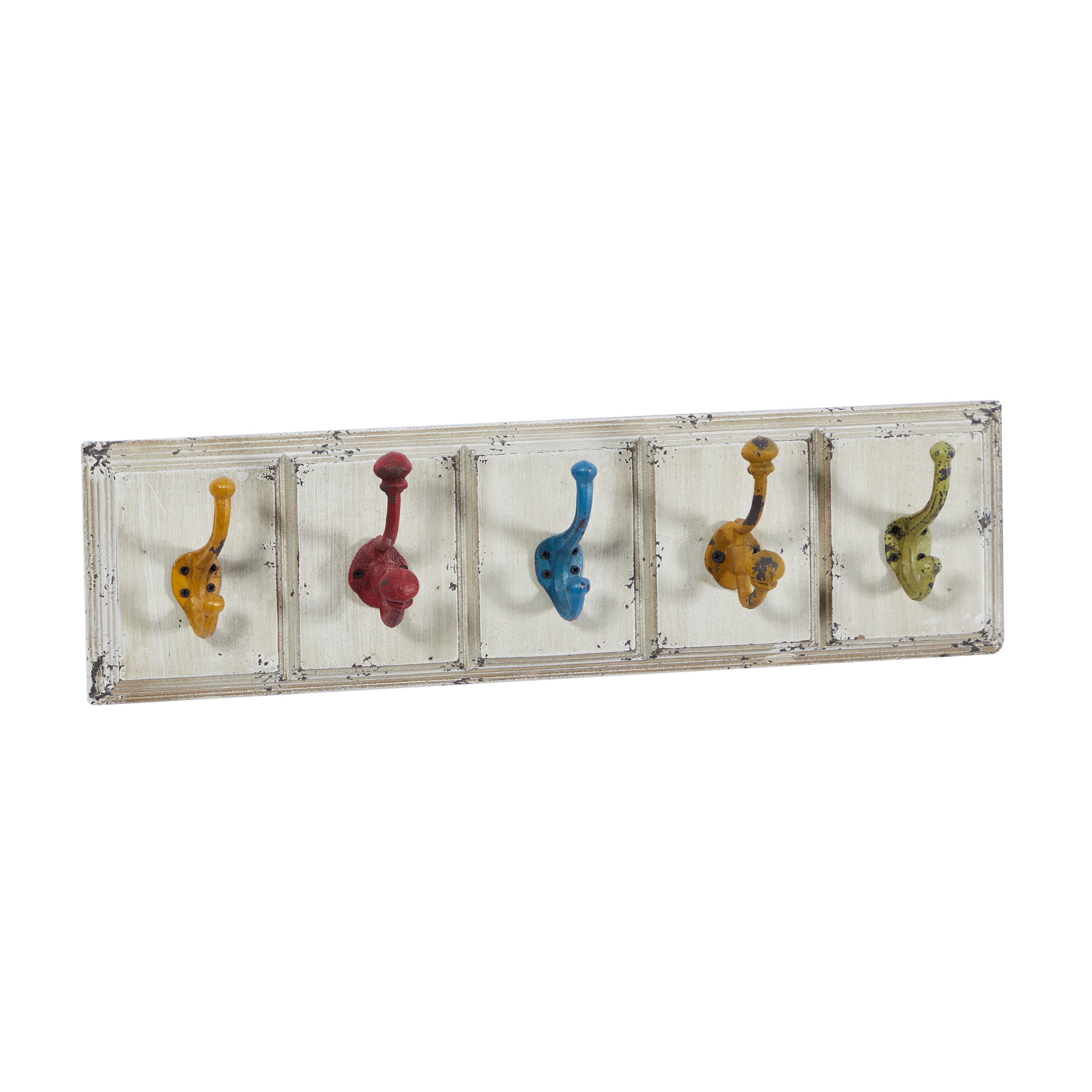 Wooden 5 Hangers Wall Hook with Multi Colored Hooks - White - Roche River Decor - 4W x 24L x 7H