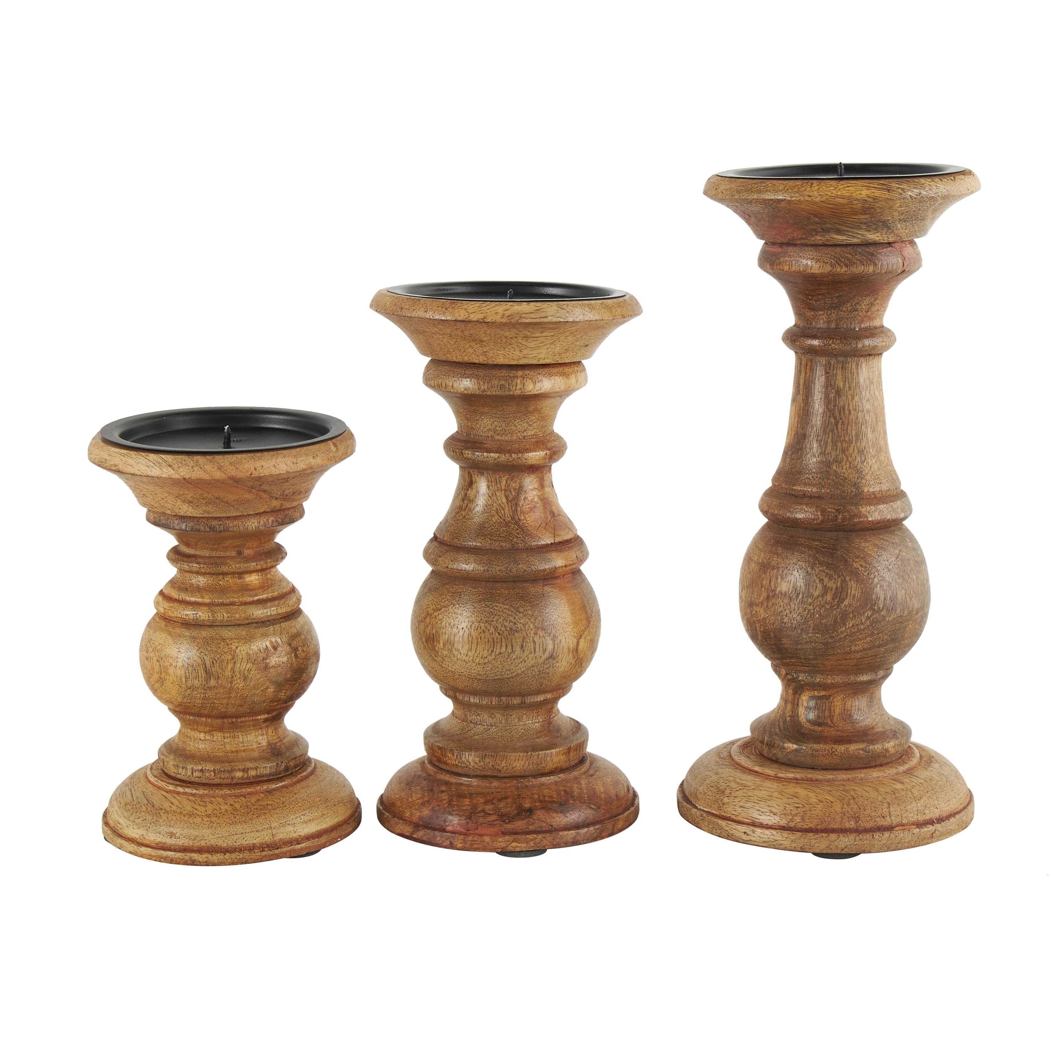 Mango Wood Turned Style Pillar Candle Holder (Set of 3) - White, Brown, Gold, Black, Light Blue, Cream, Silver