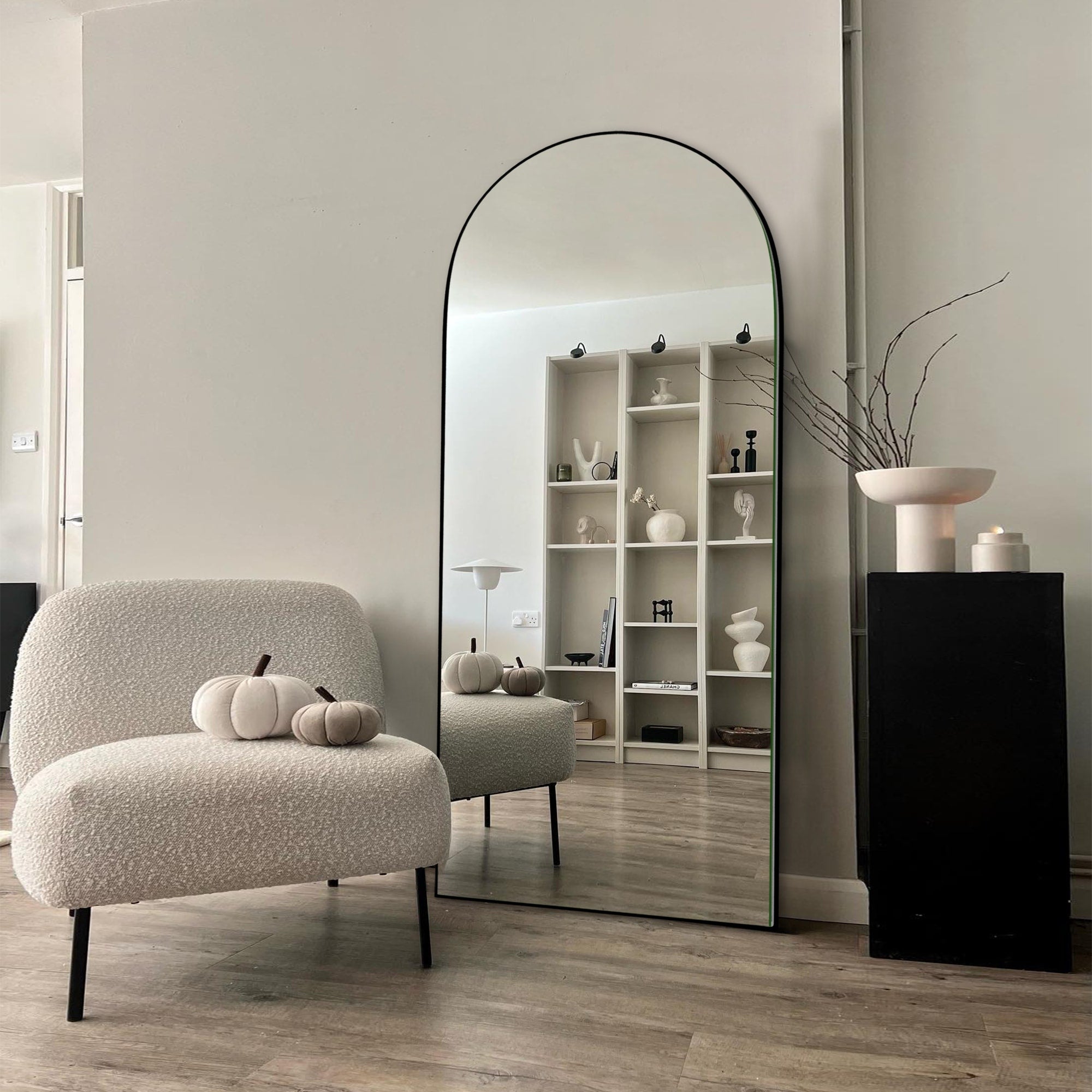 Modern Arched Full-Length Wood Floor Standing Mirror