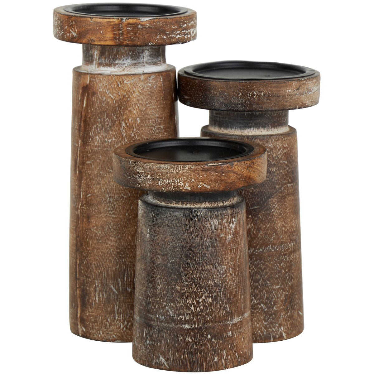 Mango Wood Handmade Carved Pillar Decorative Candle Holder - Set of 3 Light Brown or Brown - Roche River Decor