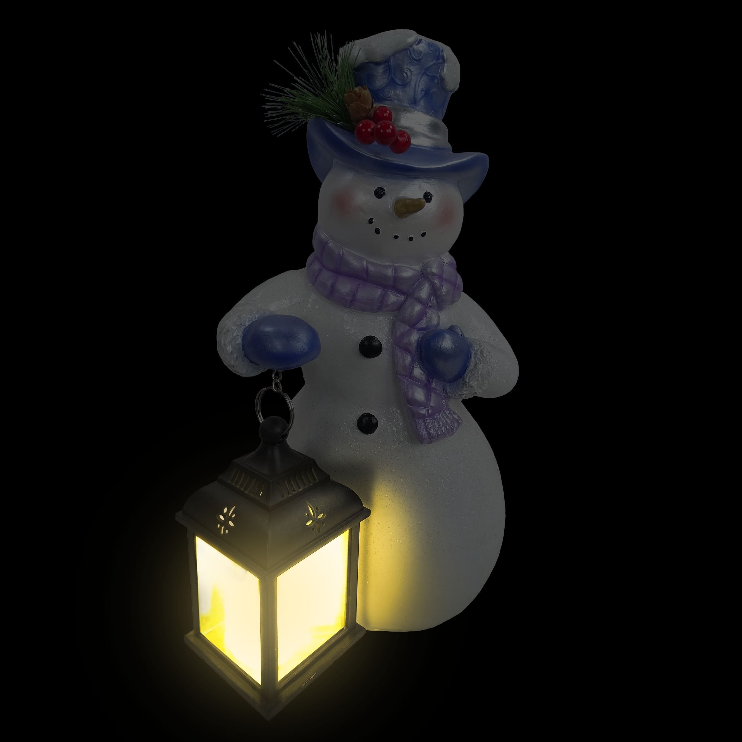 Lavender Winter Snowman Holding Lantern Statue w/Flash LED-SM - 14 H