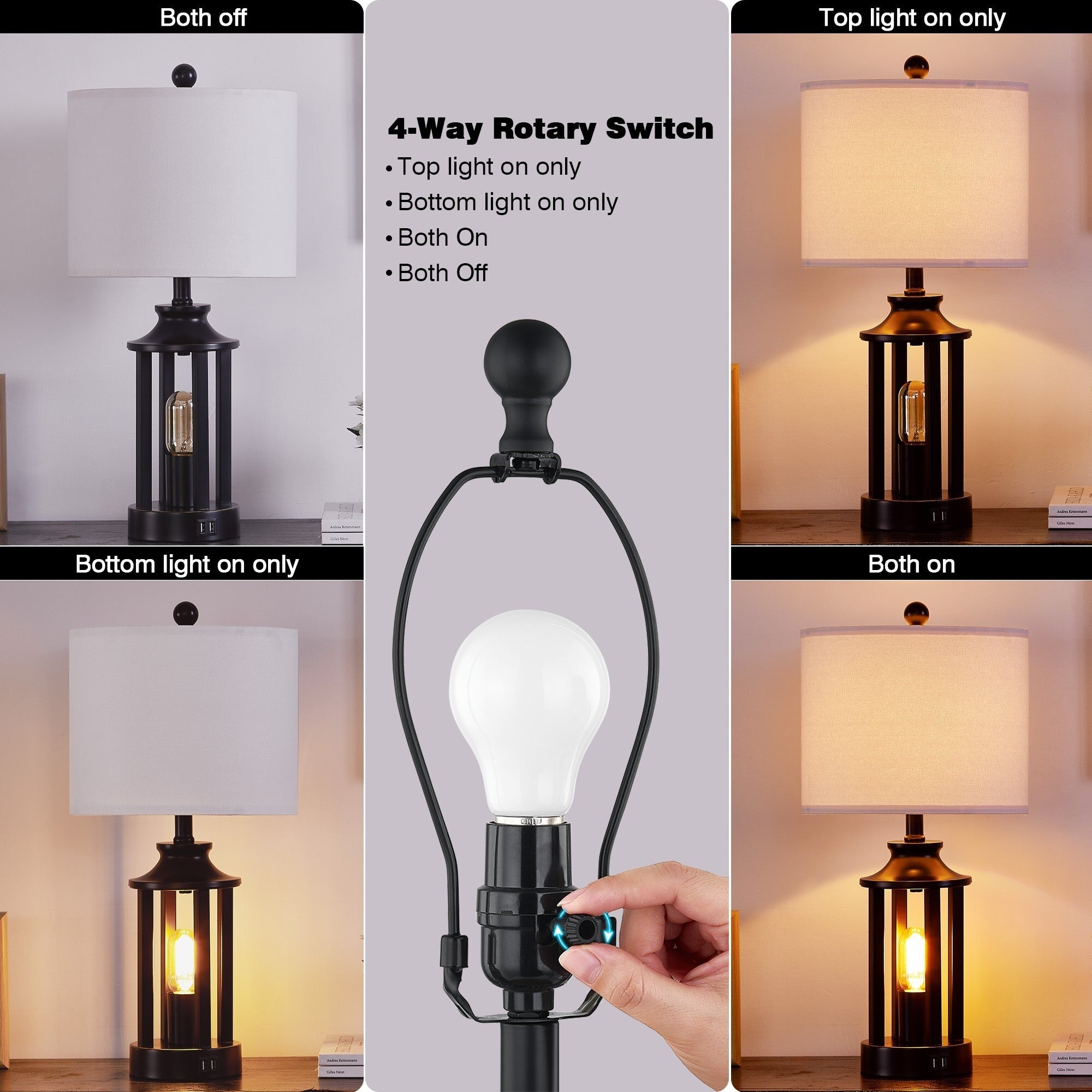 Table Lamp Nightlight Black Metal USB Charging Port(Set of 2) - 11'' x 11'' x 23.6'' (L x W x H)