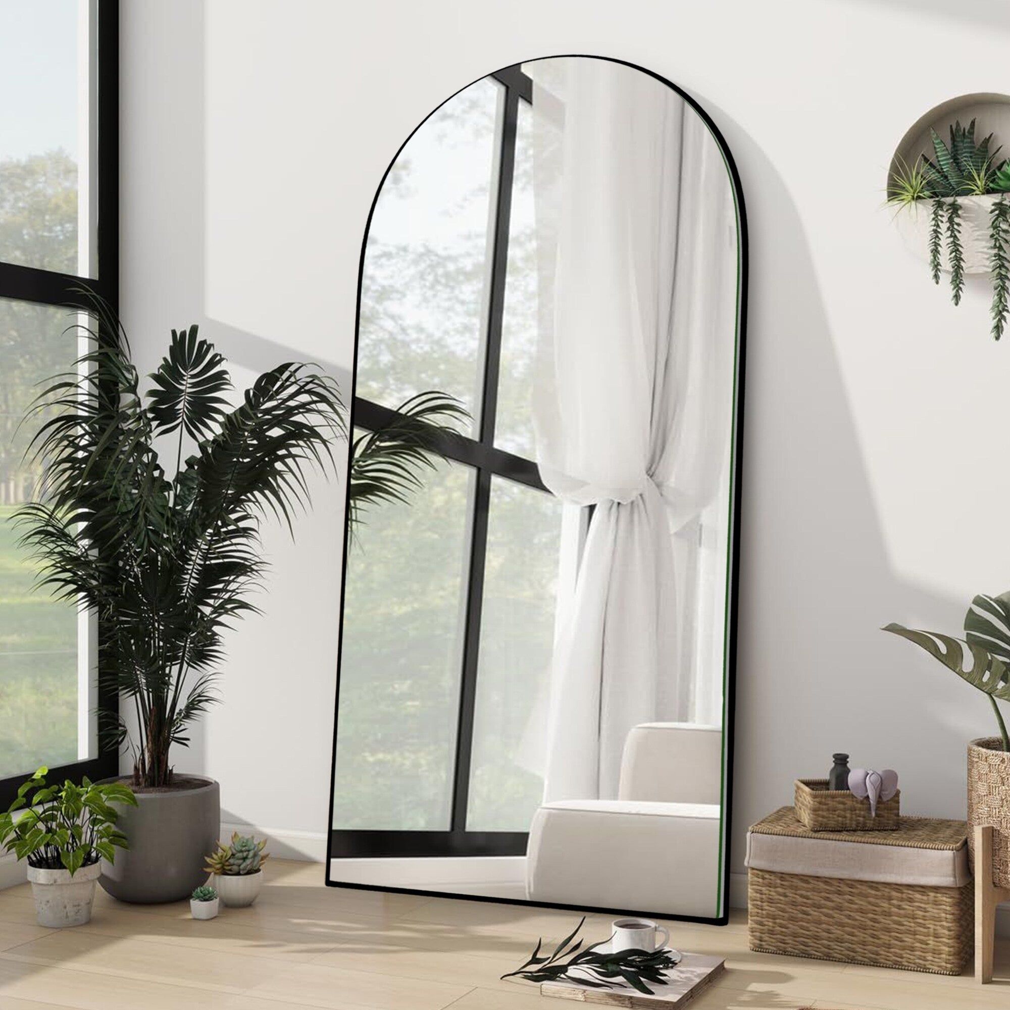 Modern Arched Full-Length Wood Floor Standing Mirror