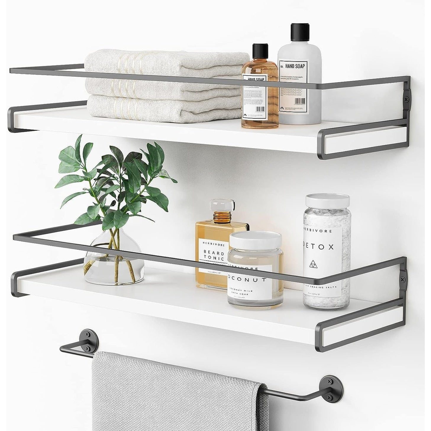 Decorative Wall Shelves Set of 2 for Bathroom with Towel Bar