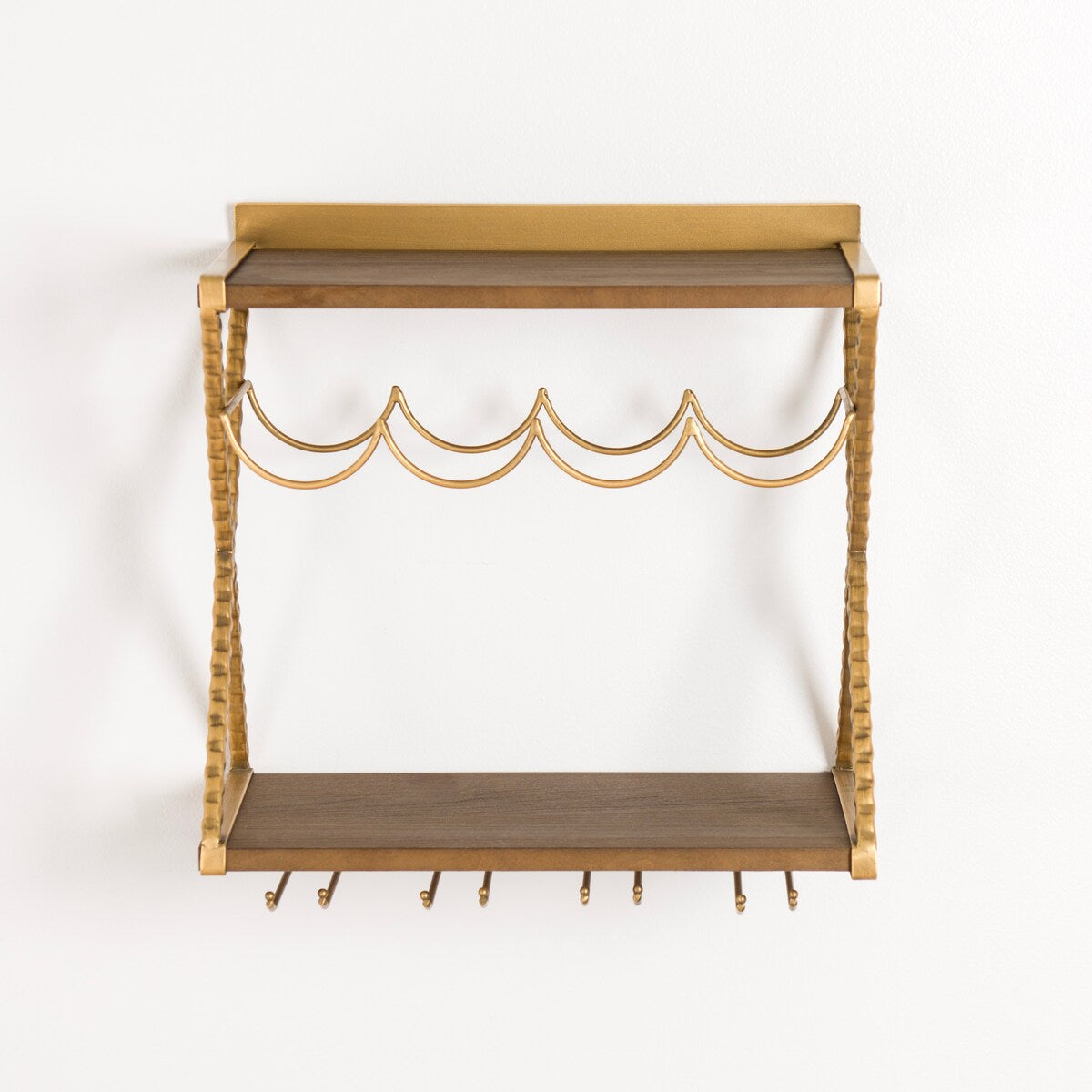 Gold Metal and Wood Wall Wine Rack