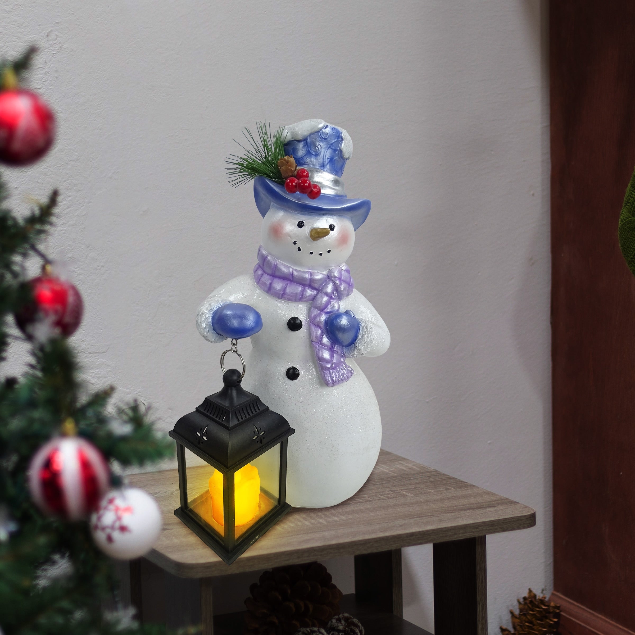 Lavender Winter Snowman Holding Lantern Statue w/Flash LED-SM - 14 H