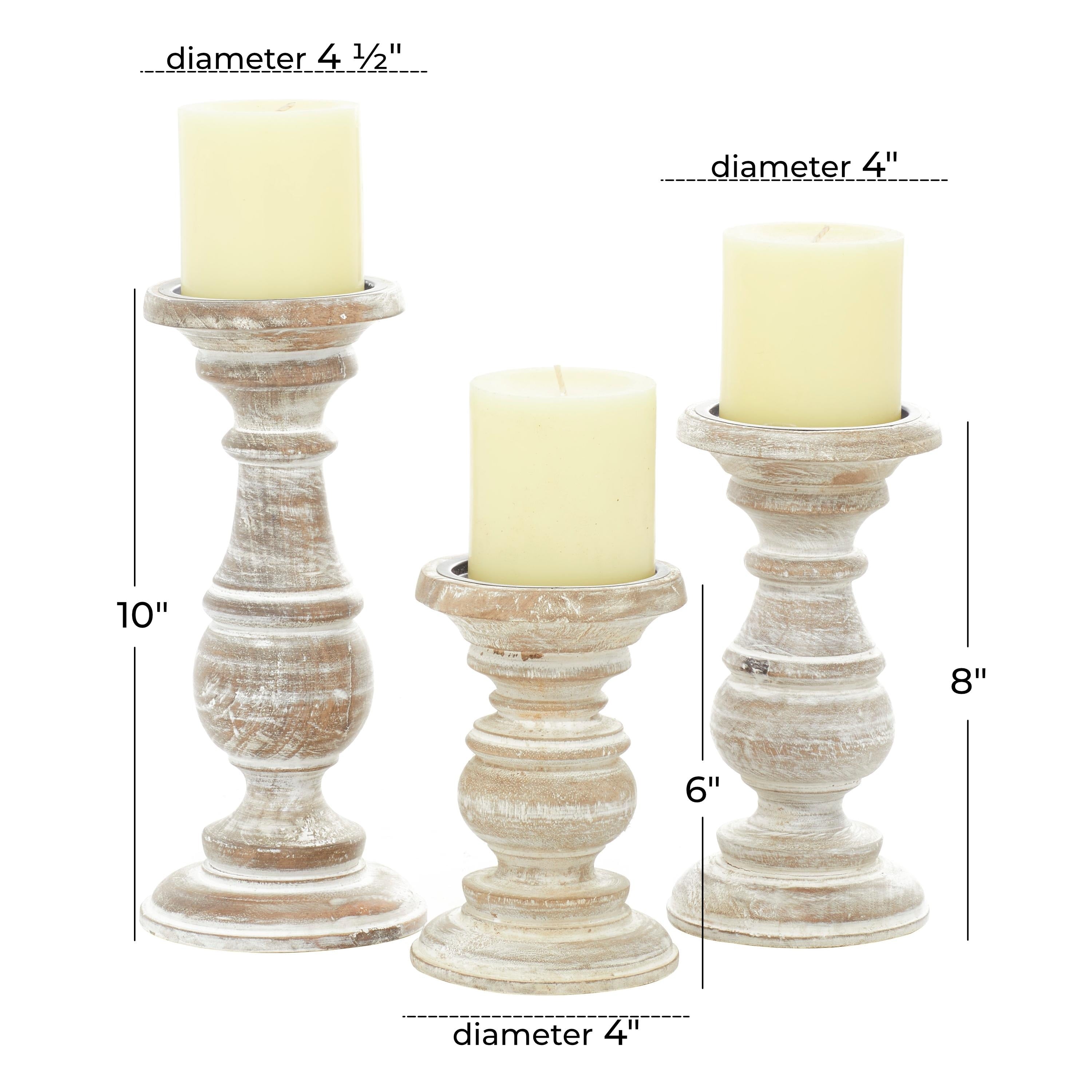 Mango Wood Turned Style Pillar Candle Holder (Set of 3) - White, Brown, Gold, Black, Light Blue, Cream, Silver