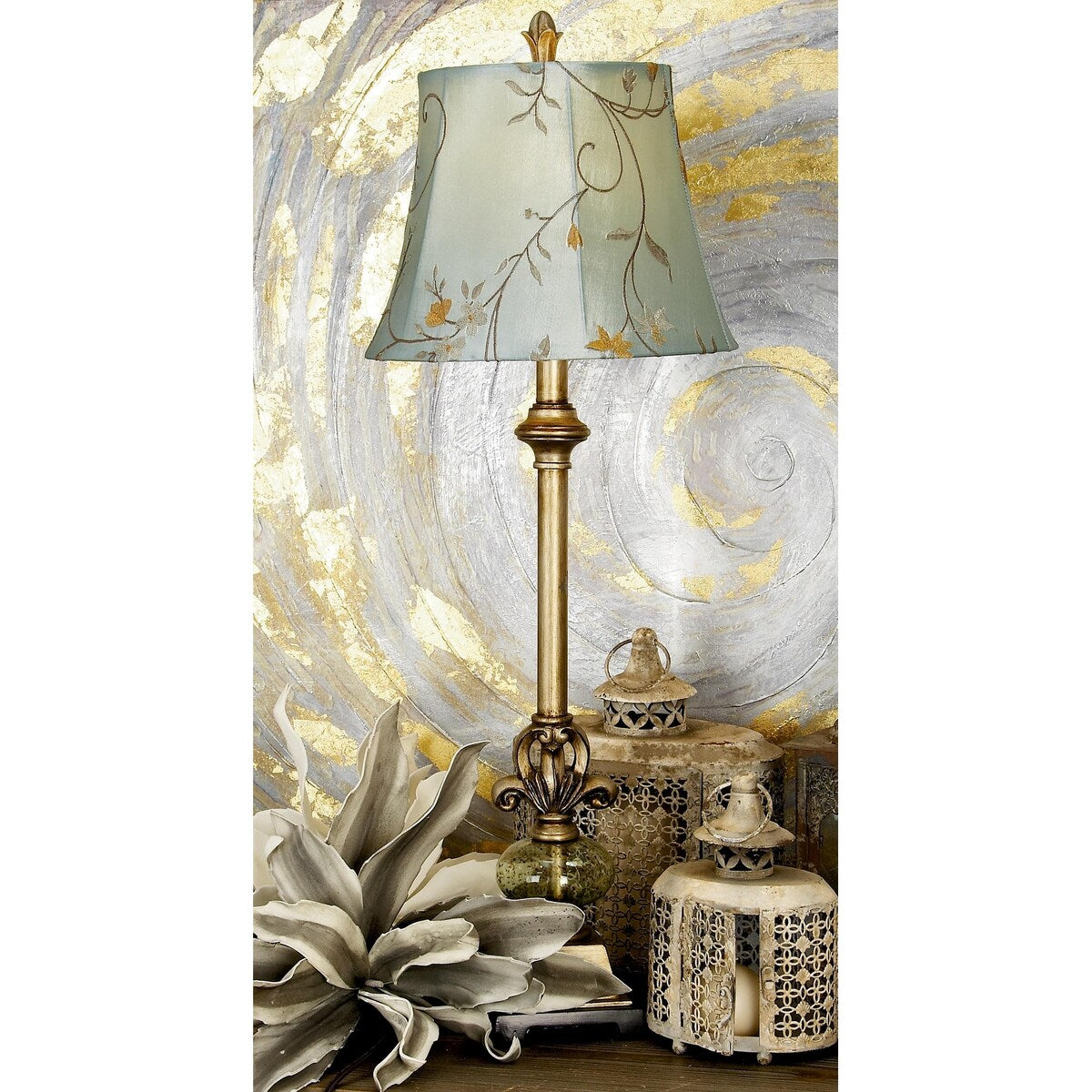 Polystone Floral Antique Style Room Buffet Lamp with Tapered Shade - Brass - Roche River Decor