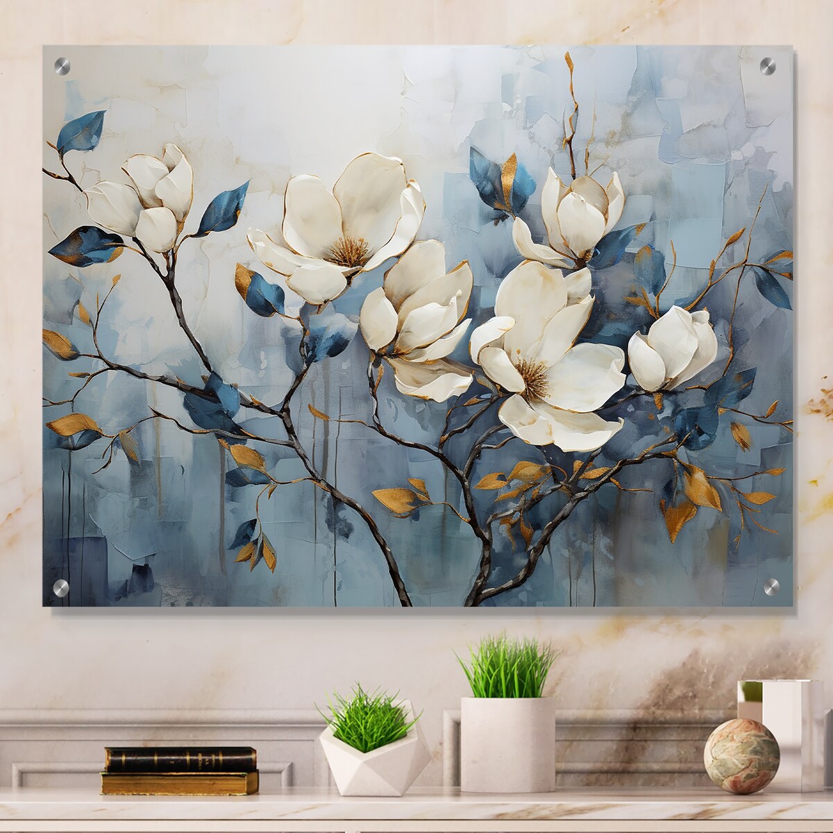 Designart Elegant White And Blue Magnolias Tranquility Magnolias White - Traditional Acrylic Wall Art For Dinning Room