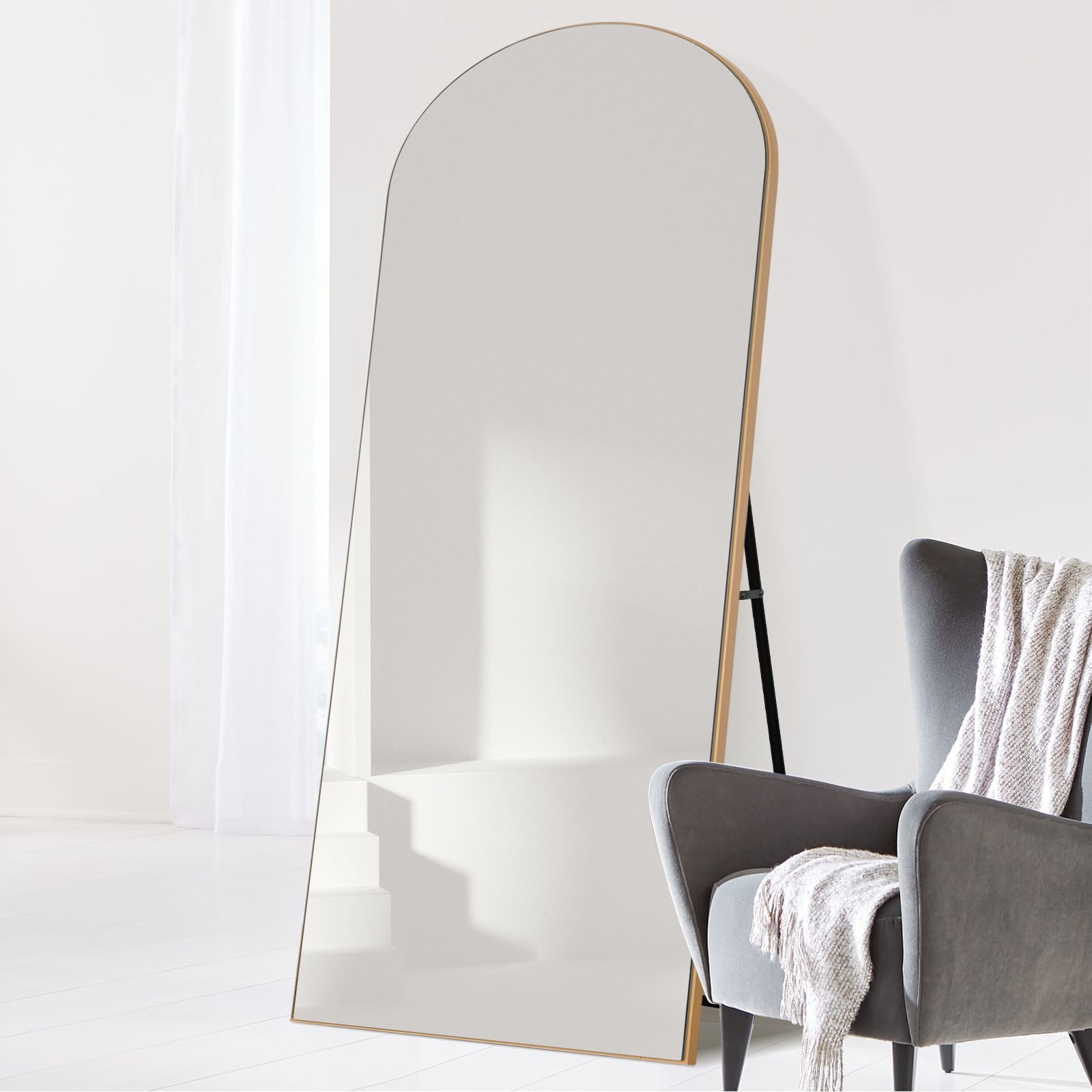 Arch-Crowned Full-Length Mirror with Solid Wood Frame