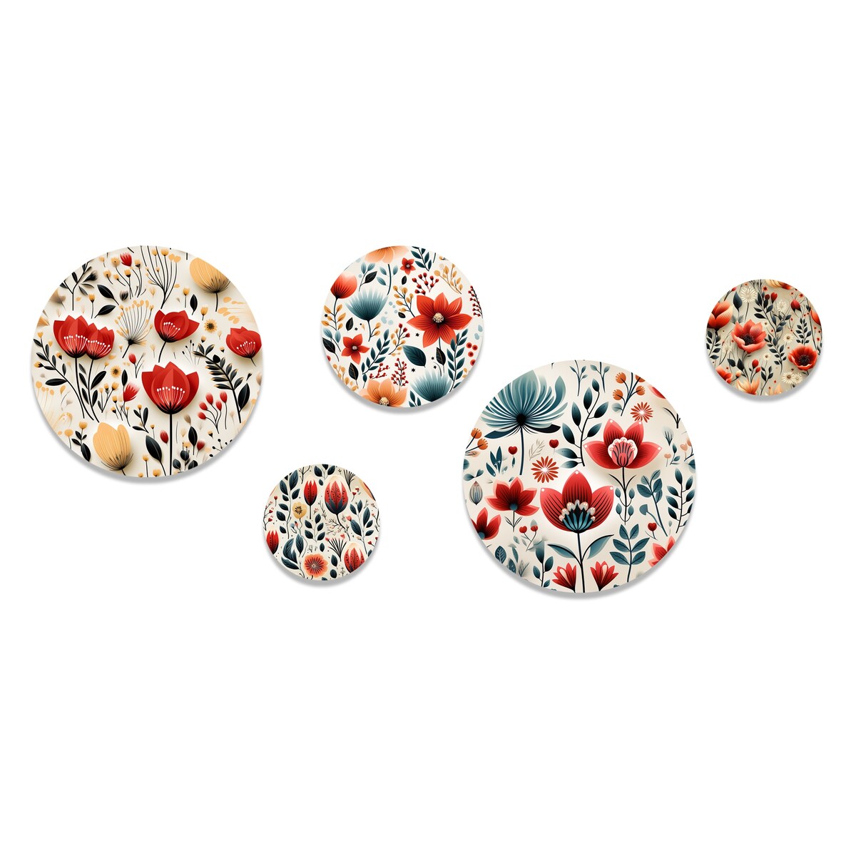 Designart Minimalist Modern Charm Floral Botanics II Floral Wall Art Set of 5 - Cottage Red Living Room Metal Art Set