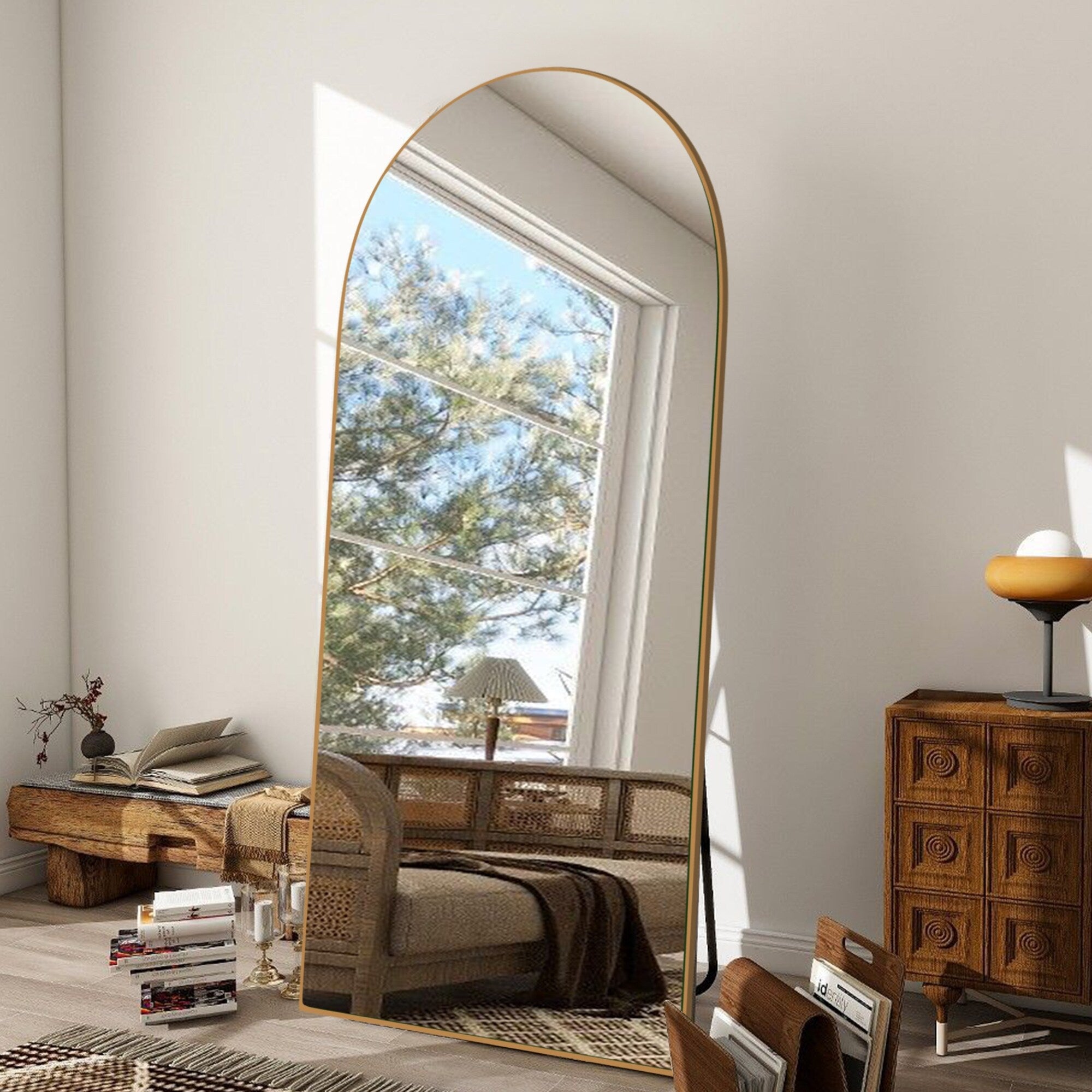 Modern Arched Full-Length Wood Floor Standing Mirror