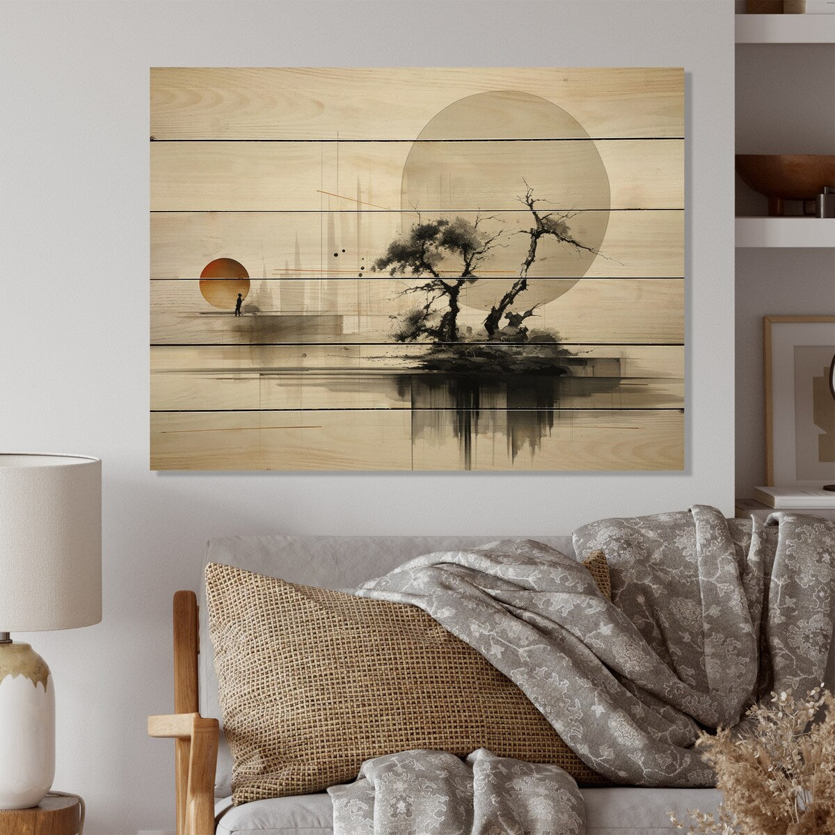 Designart Asian Art Sumie Zen I Asian Print on Natural Pine Wood
