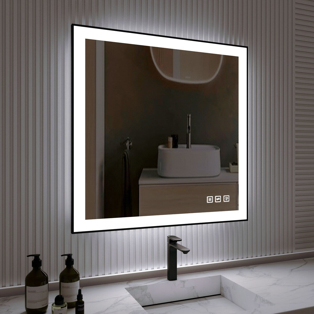 Organnice Rectangular Framed LED Anti-Fog Bathroom Wall Mirror in Black with Backlit and Front Light