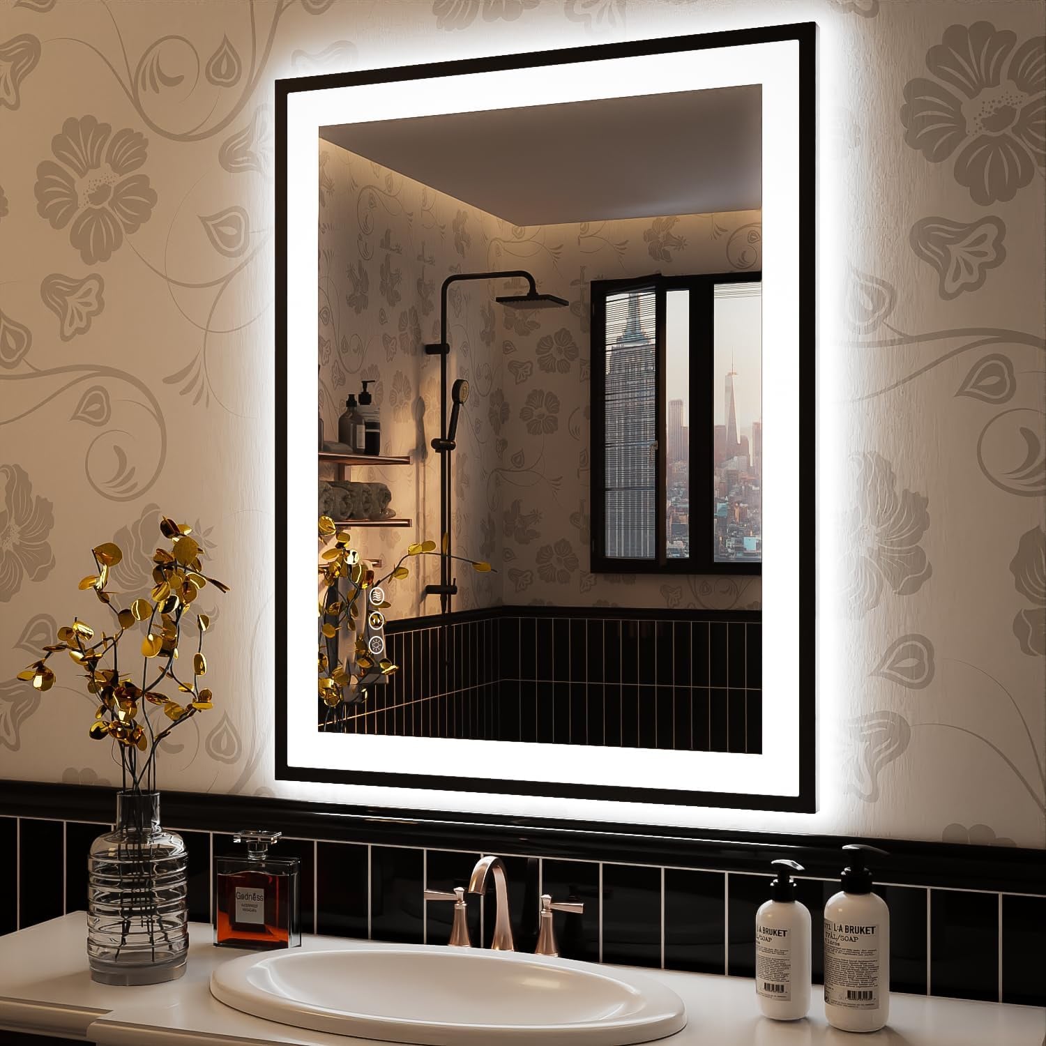 Apmir Metal Black Frame Back & Front LED Lighted Bathroom Vanity Mirror with Anti-Fog Tempered Glass