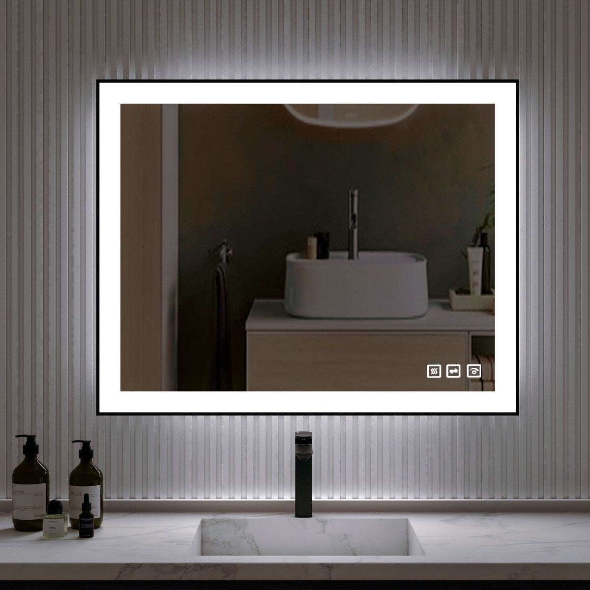 Organnice Rectangular Framed LED Anti-Fog Bathroom Wall Mirror in Black with Backlit and Front Light